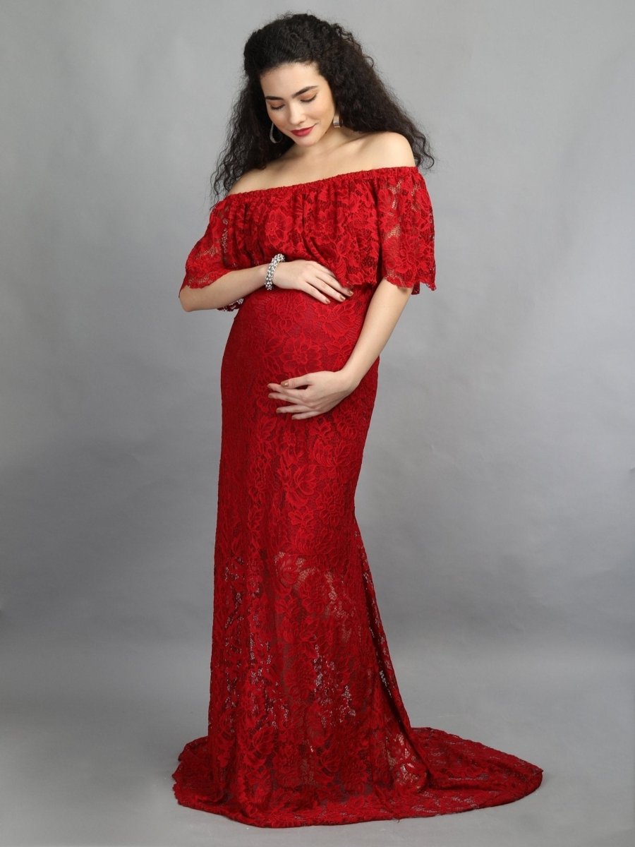  Elegant Wine Maternity Lace Gown Red