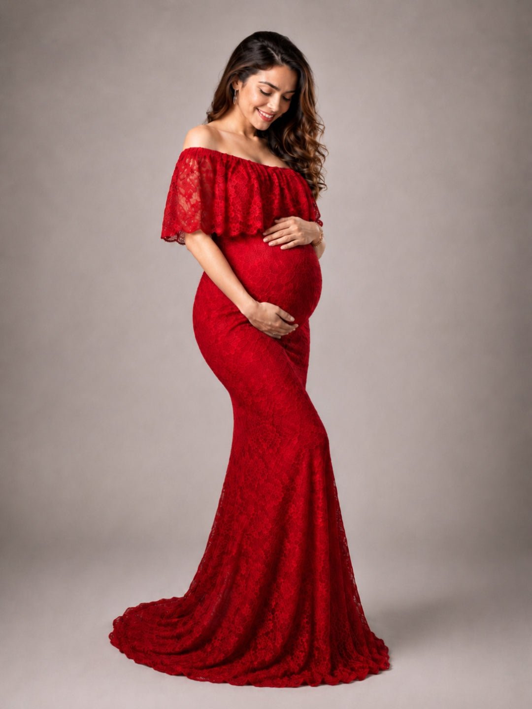  Elegant Wine Maternity Lace Gown Red