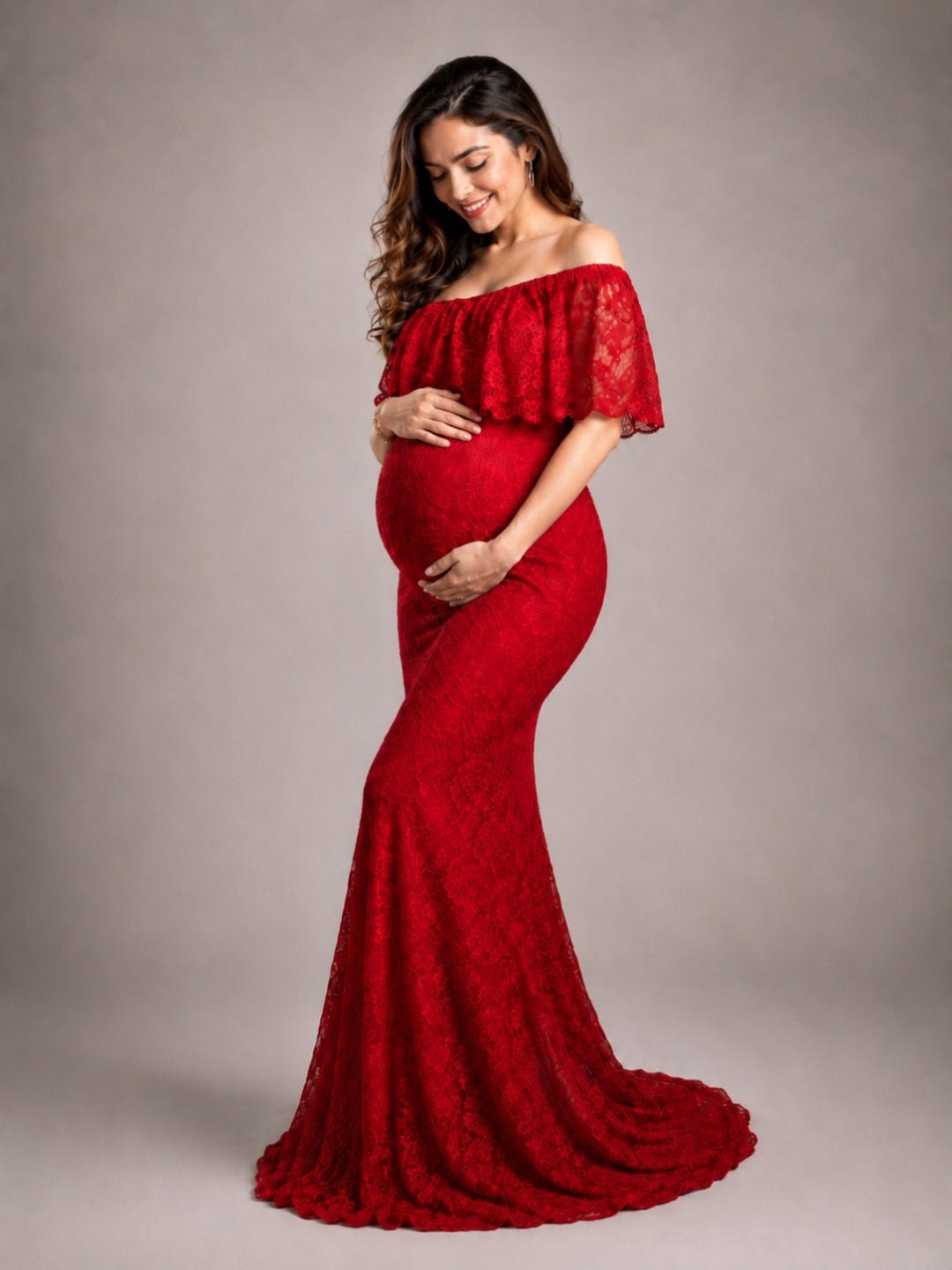  Elegant Wine Maternity Lace Gown Red
