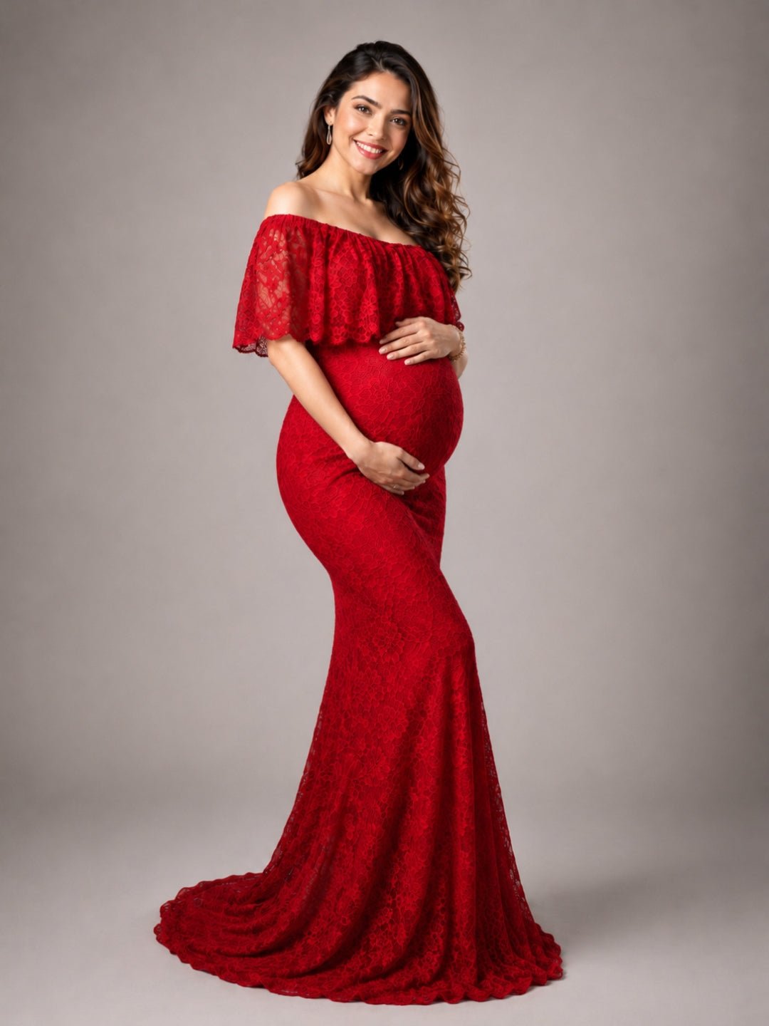  Elegant Wine Maternity Lace Gown Red