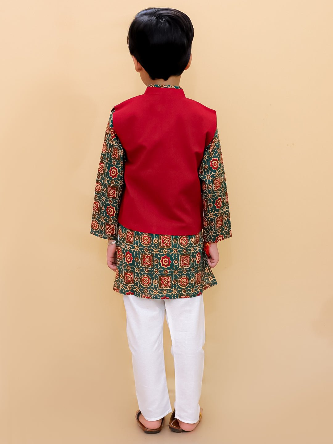 Emerald Essence Floral Print Boys Jacket And Kurta Pajama Set