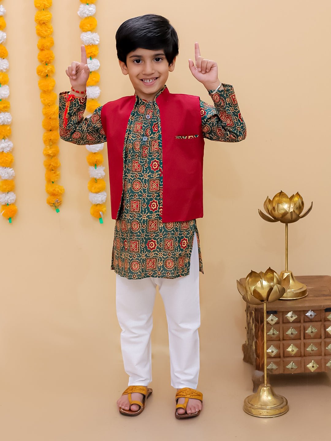 Emerald Essence Floral Print Boys Jacket And Kurta Pajama Set