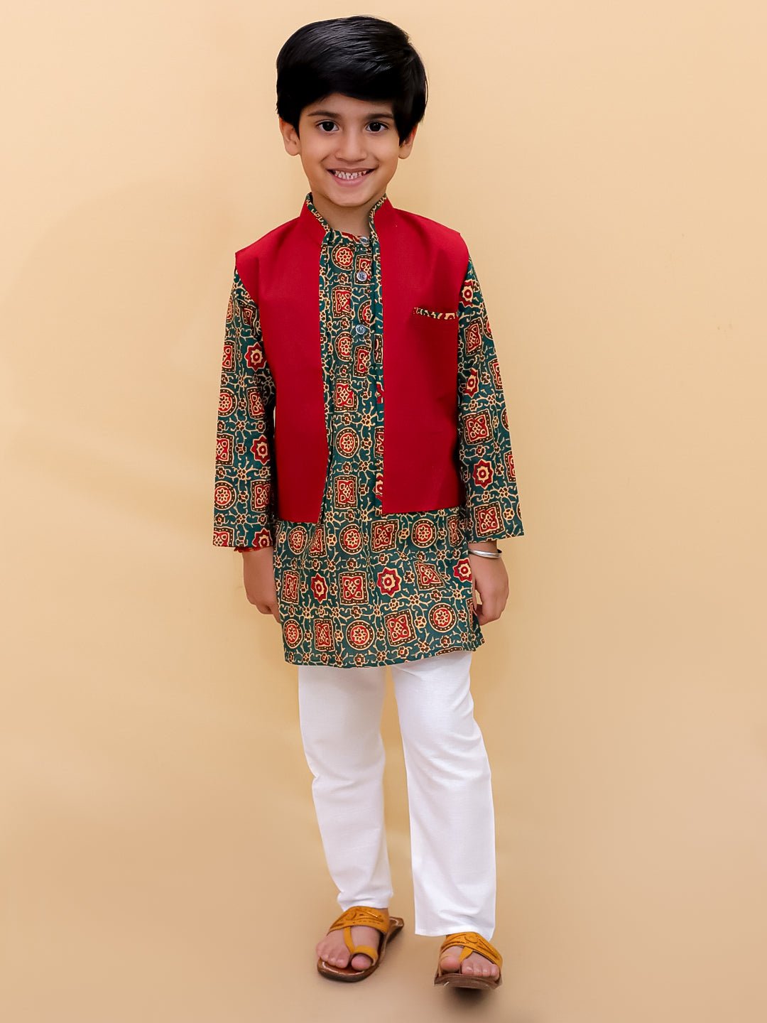 Emerald Essence Floral Print Boys Jacket And Kurta Pajama Set