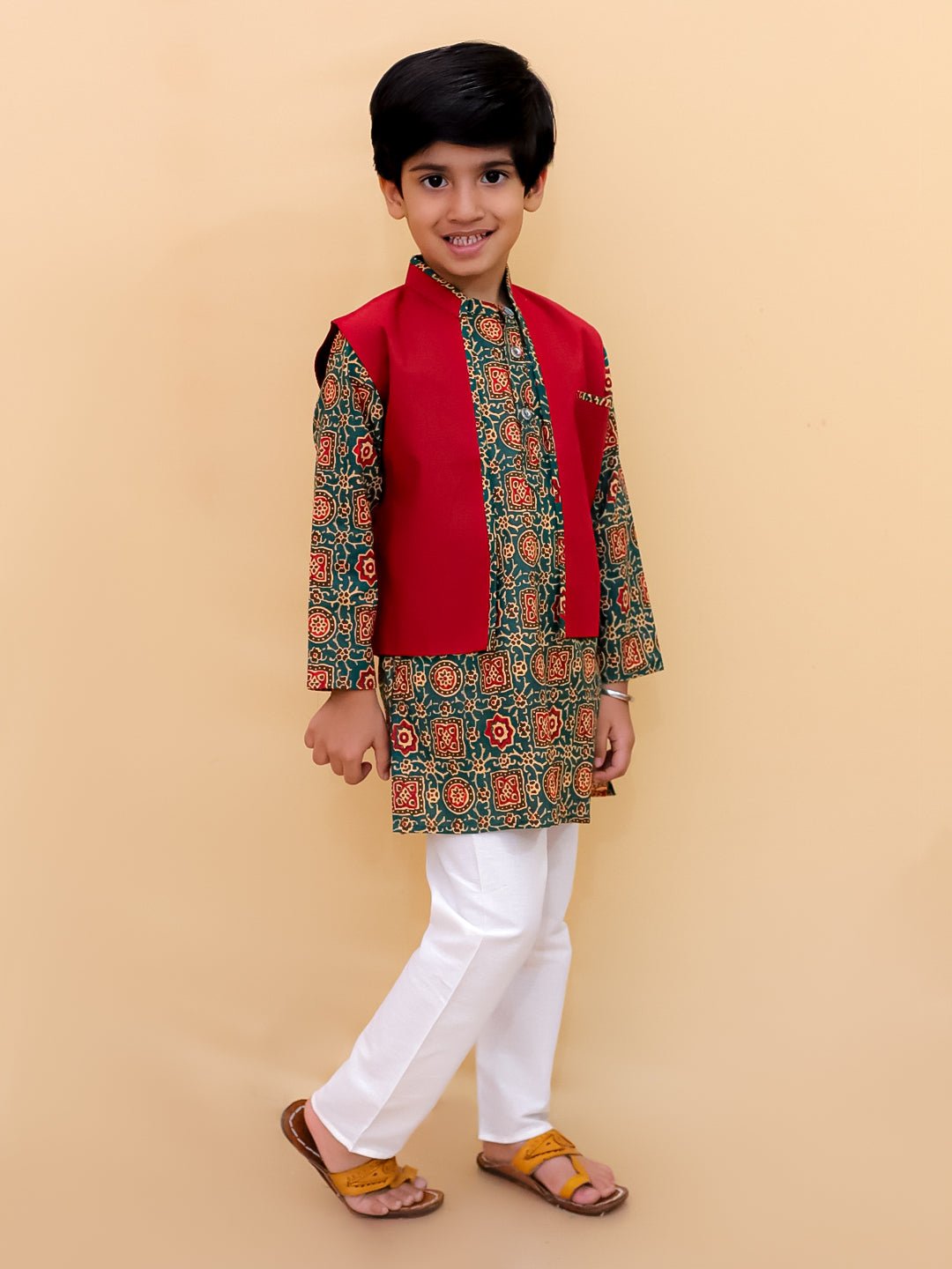 Emerald Essence Floral Print Boys Jacket And Kurta Pajama Set