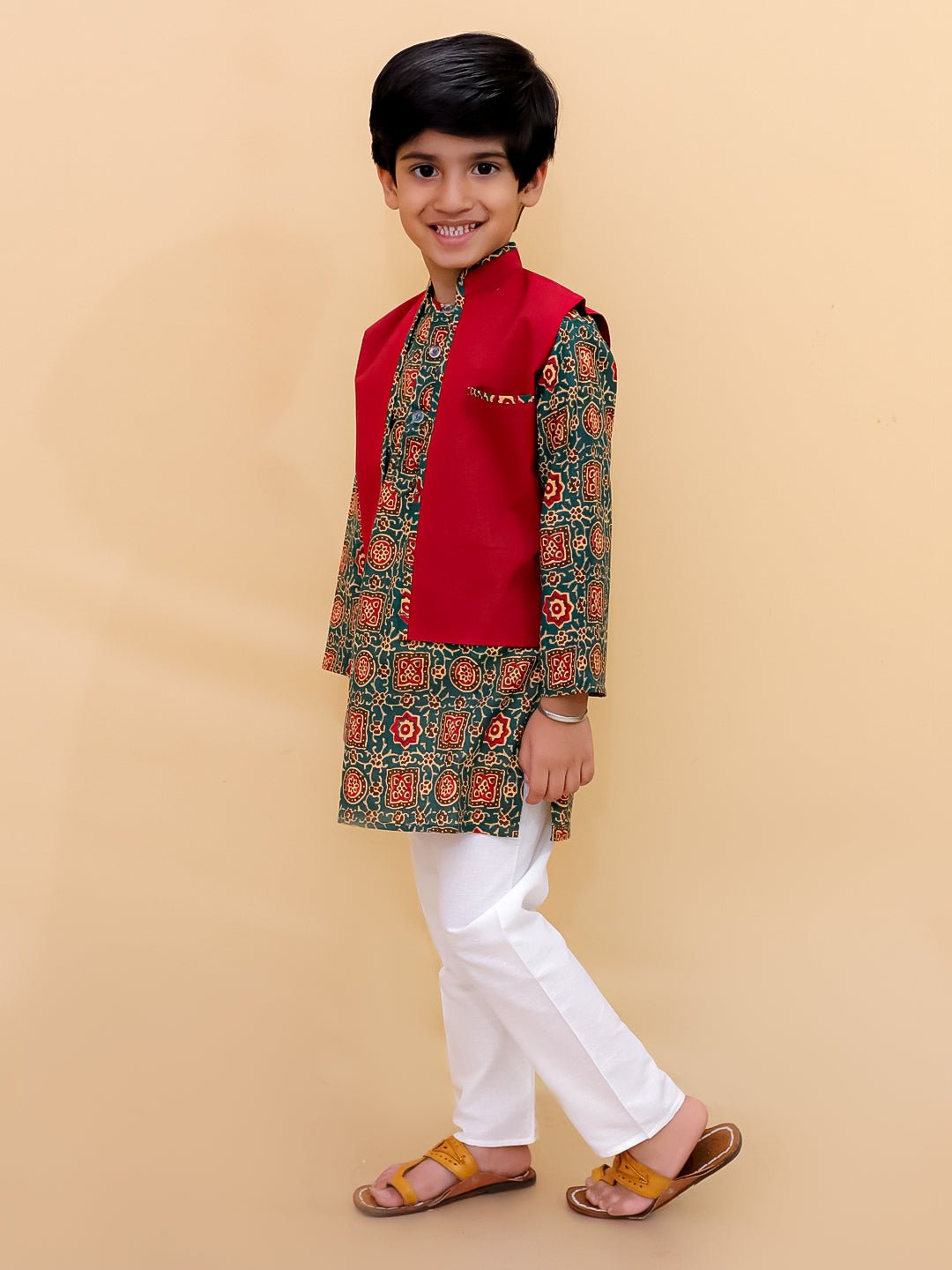 Emerald Essence Floral Print Boys Jacket And Kurta Pajama Set