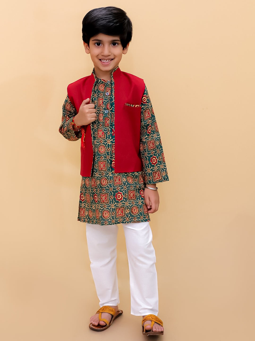 Emerald Essence Floral Print Boys Jacket And Kurta Pajama Set