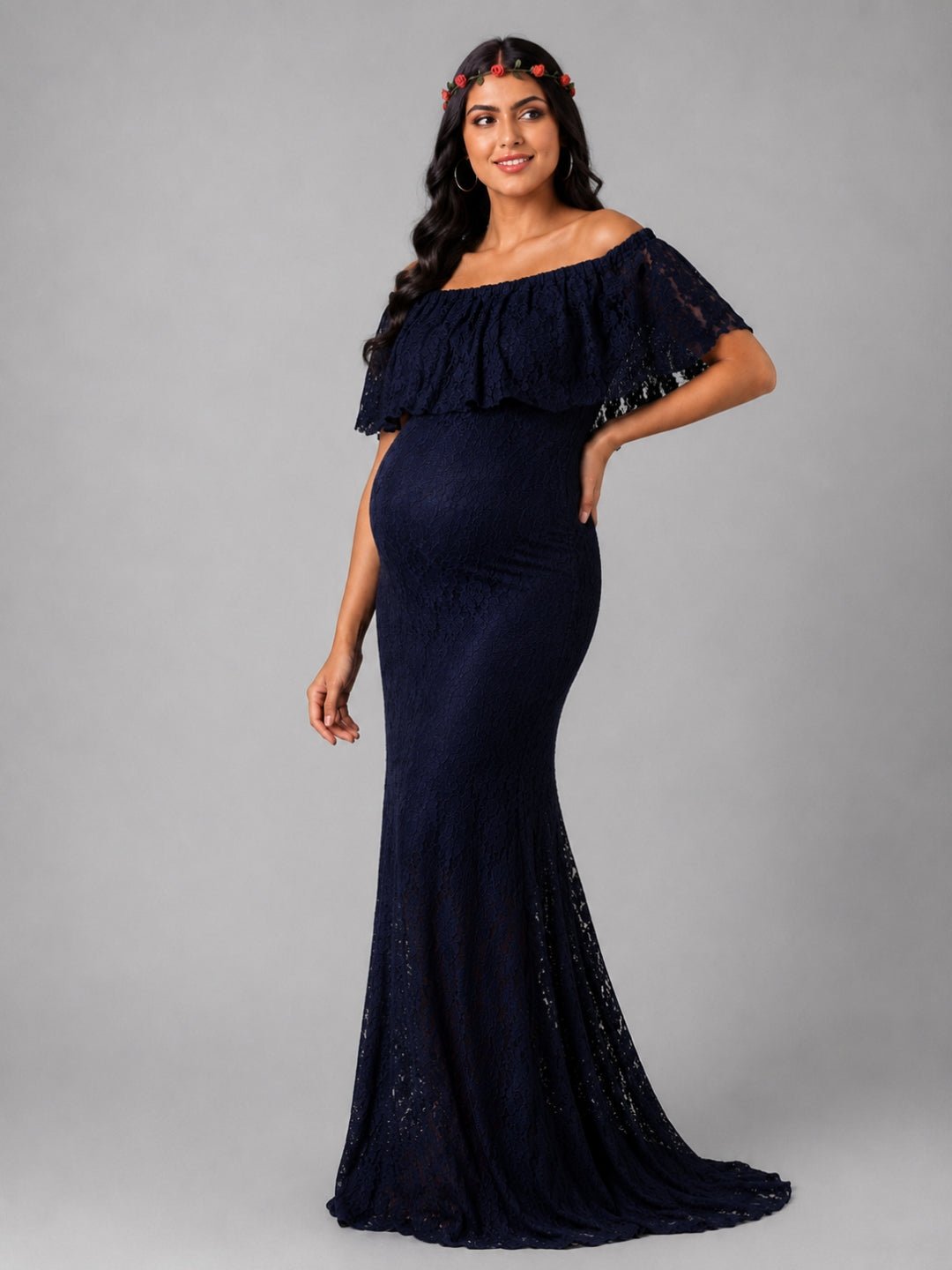  Enchanté Blue Maternity Lace Gown Navy