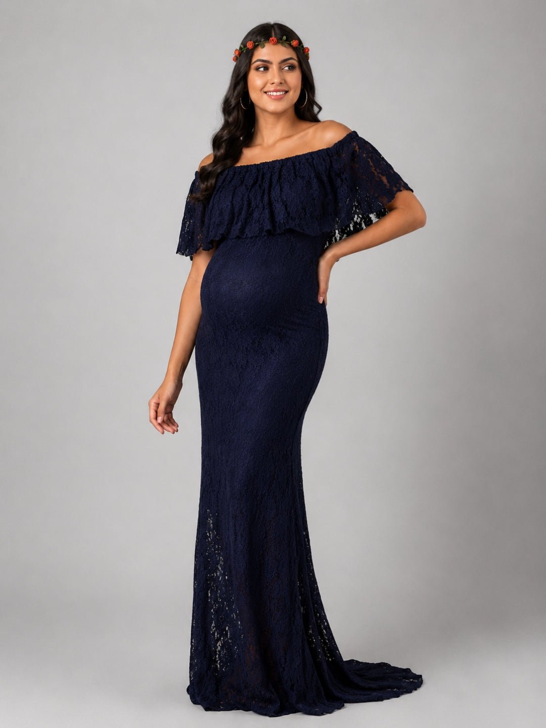  Enchanté Blue Maternity Lace Gown Navy