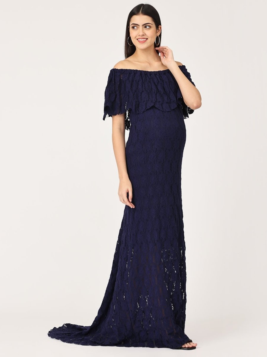  Enchanté Blue Maternity Lace Gown Navy
