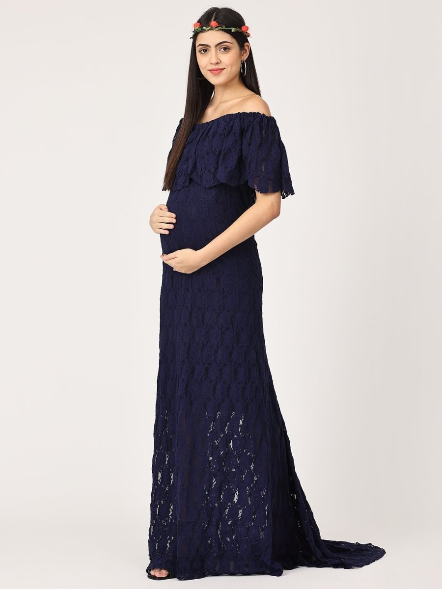  Enchanté Blue Maternity Lace Gown Navy