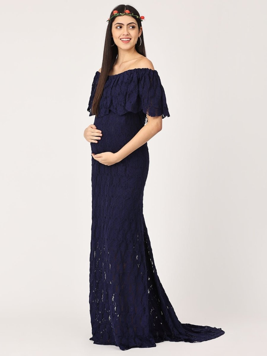  Enchanté Blue Maternity Lace Gown Navy