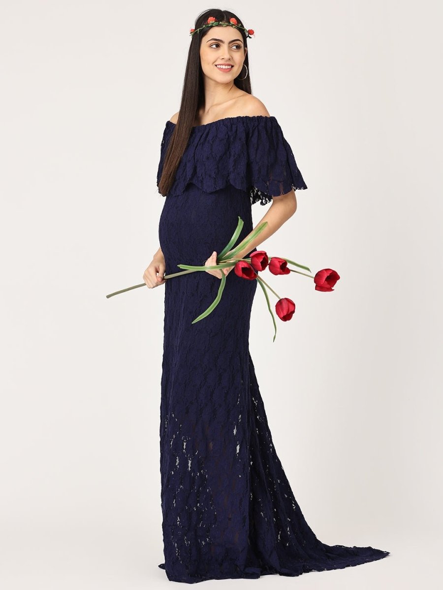  Enchanté Blue Maternity Lace Gown Navy