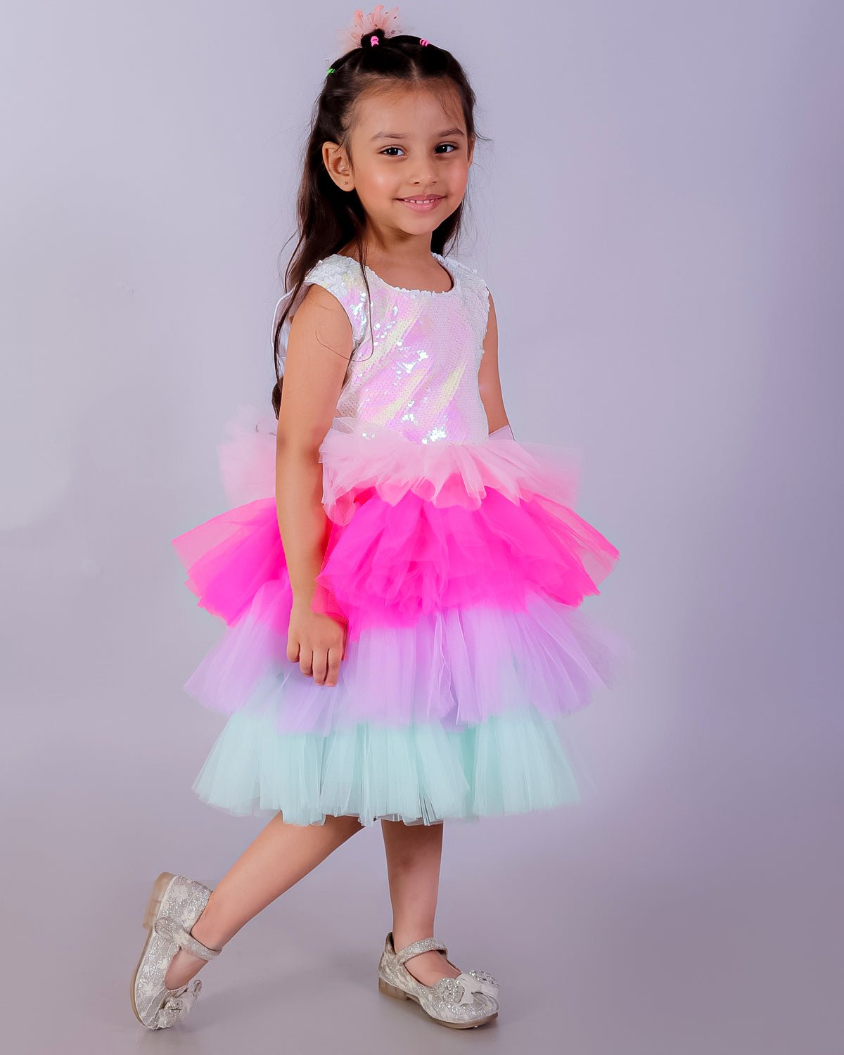 Multi Color Enchanted Rainbow Tulle Sleeveless Dress For Girls