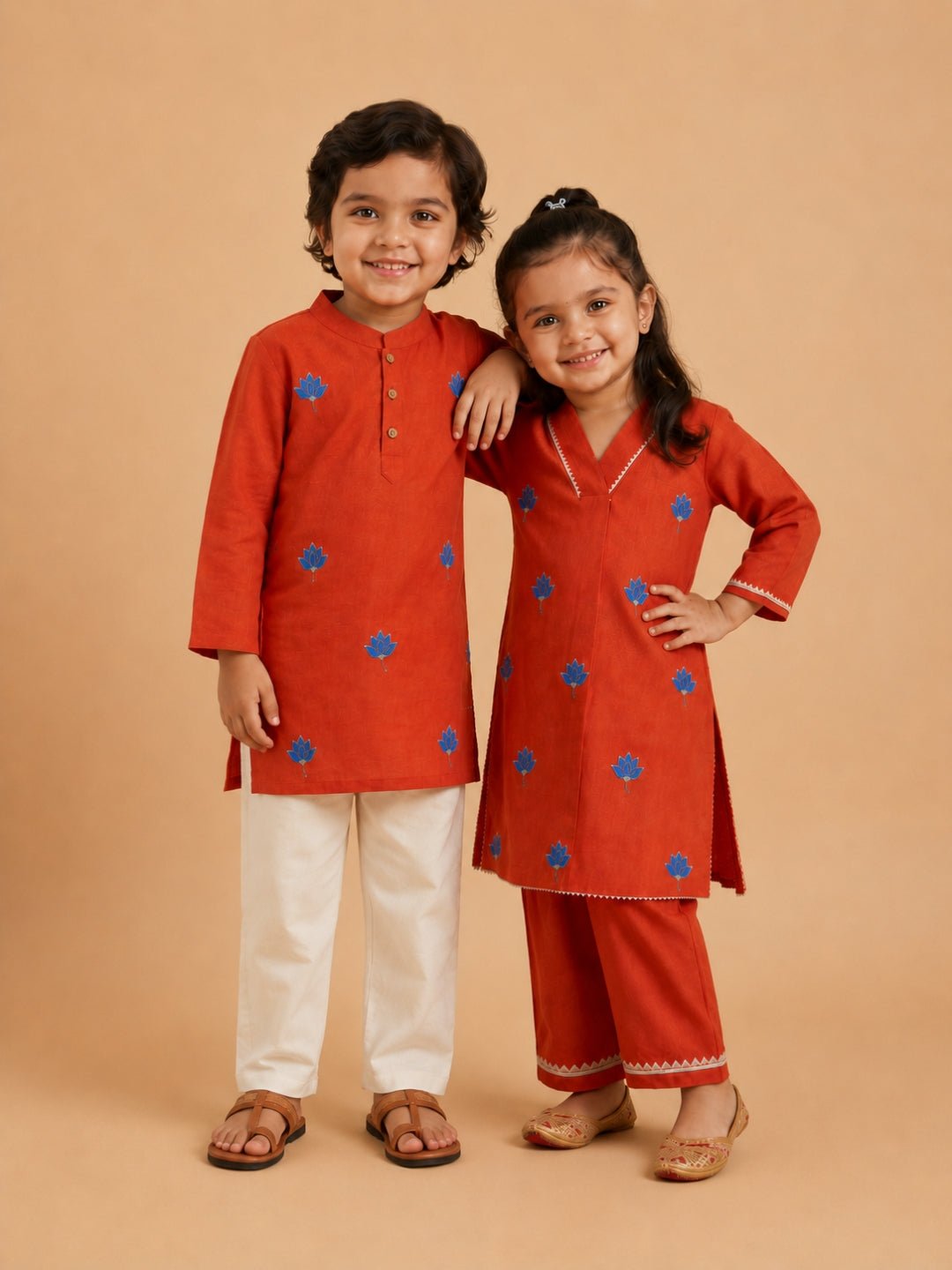 Avani Vatika Embroidered Cotton Girls Kurta Set And Boys Kurta Pajama Set