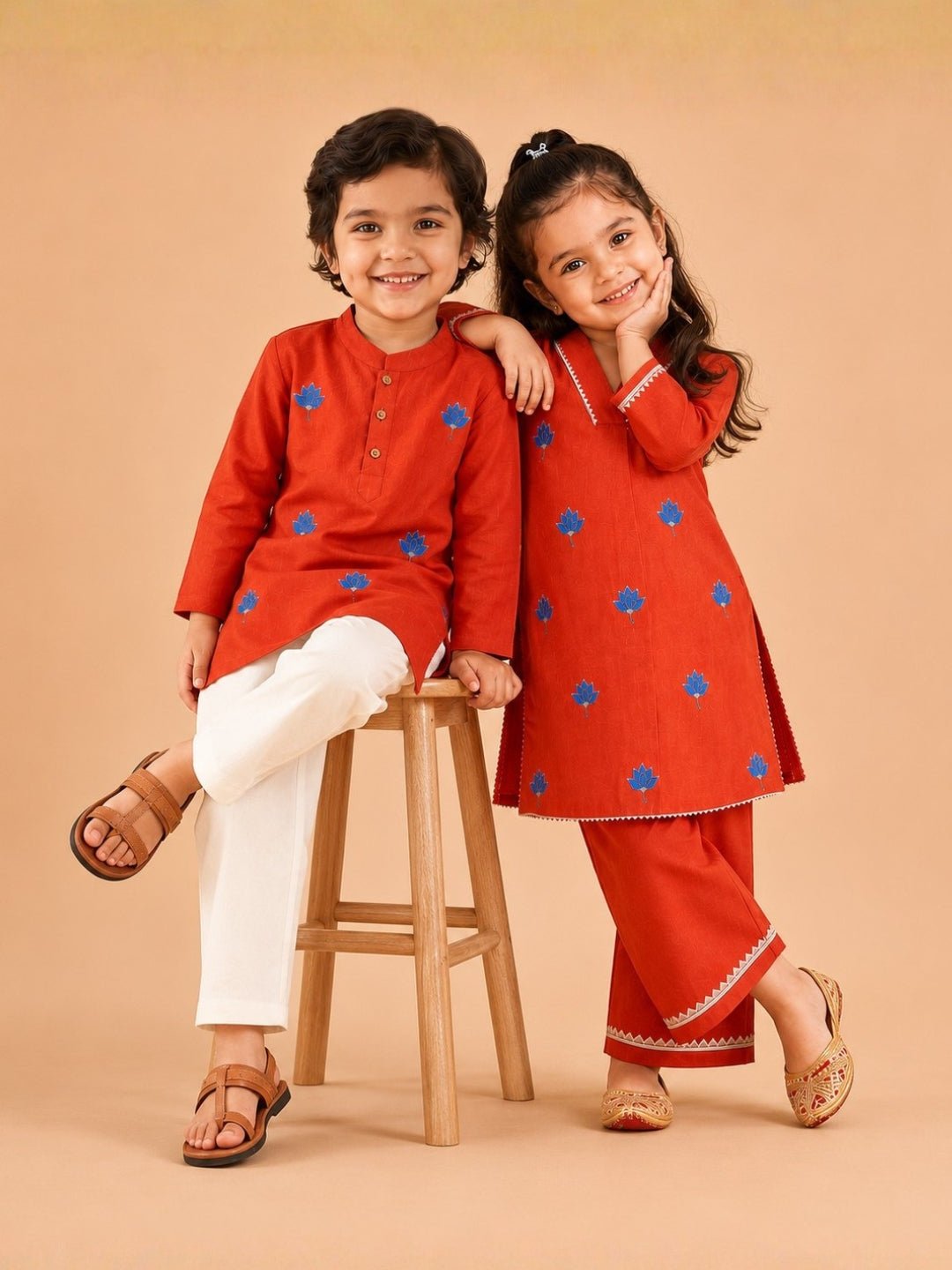 Avani Vatika Embroidered Cotton Girls Kurta Set And Boys Kurta Pajama Set