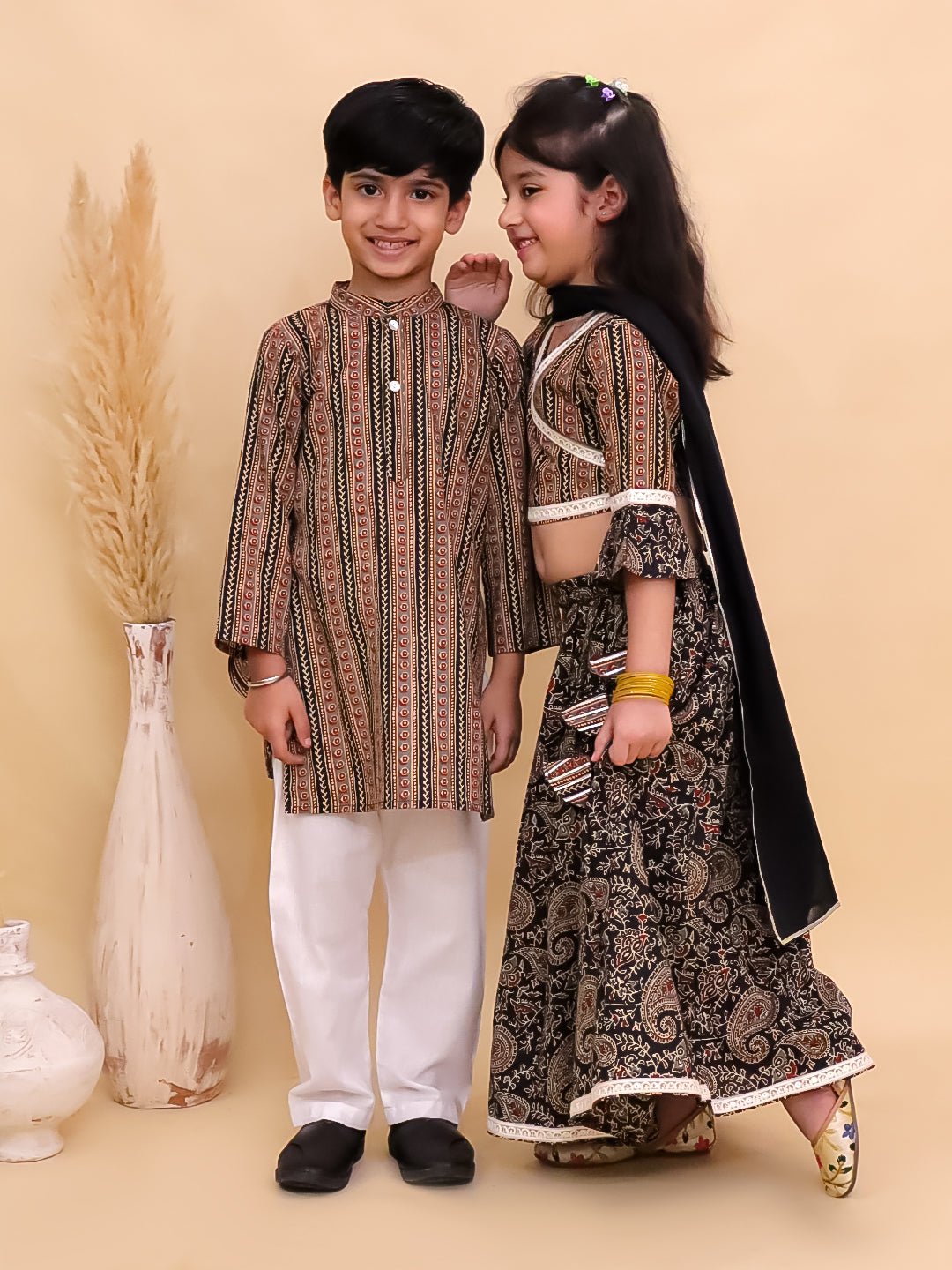 Black Kalamkari Girls Lehenga And Boys Kurta Twinning Combo Of 2