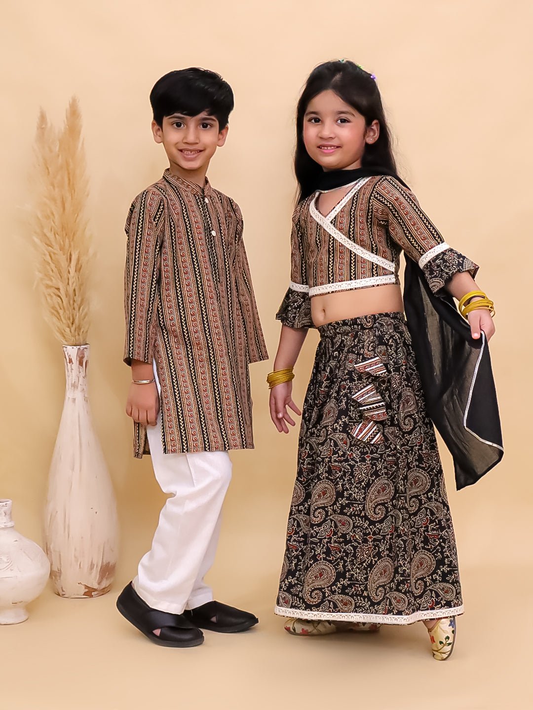 Black Kalamkari Girls Lehenga And Boys Kurta Twinning Combo Of 2
