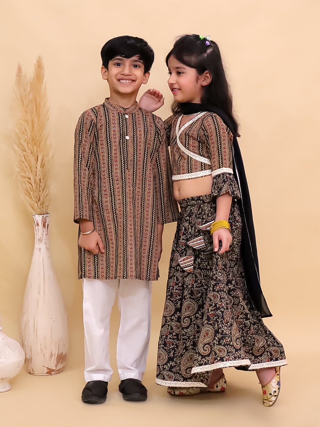 Black Kalamkari Girls Lehenga And Boys Kurta Twinning Combo Of 2