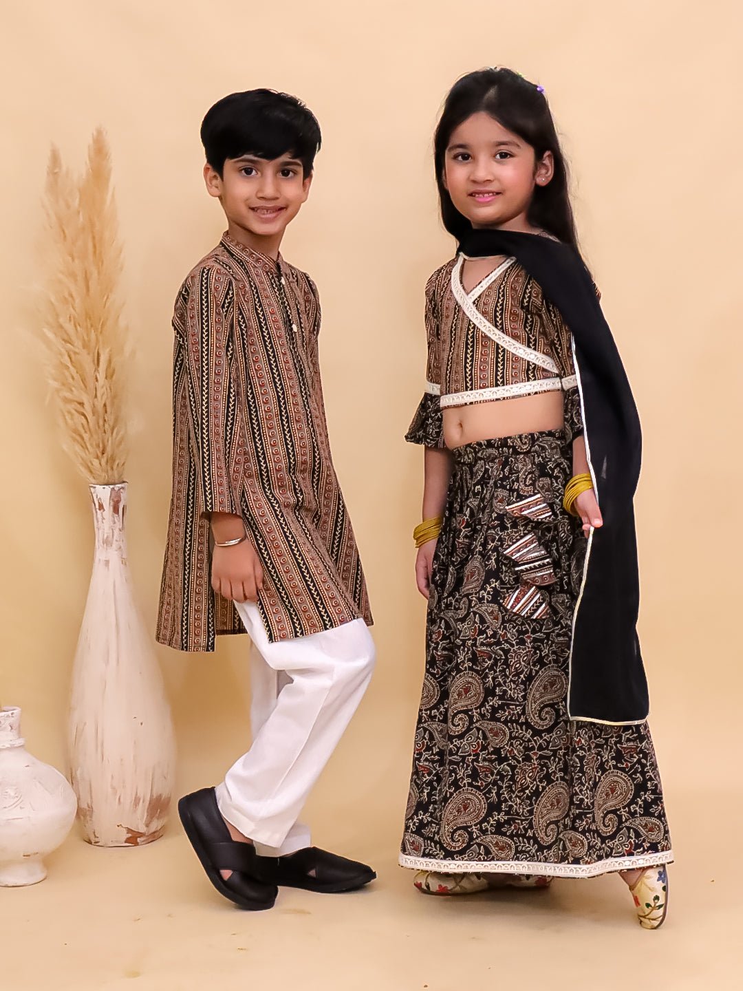 Black Kalamkari Girls Lehenga And Boys Kurta Twinning Combo Of 2