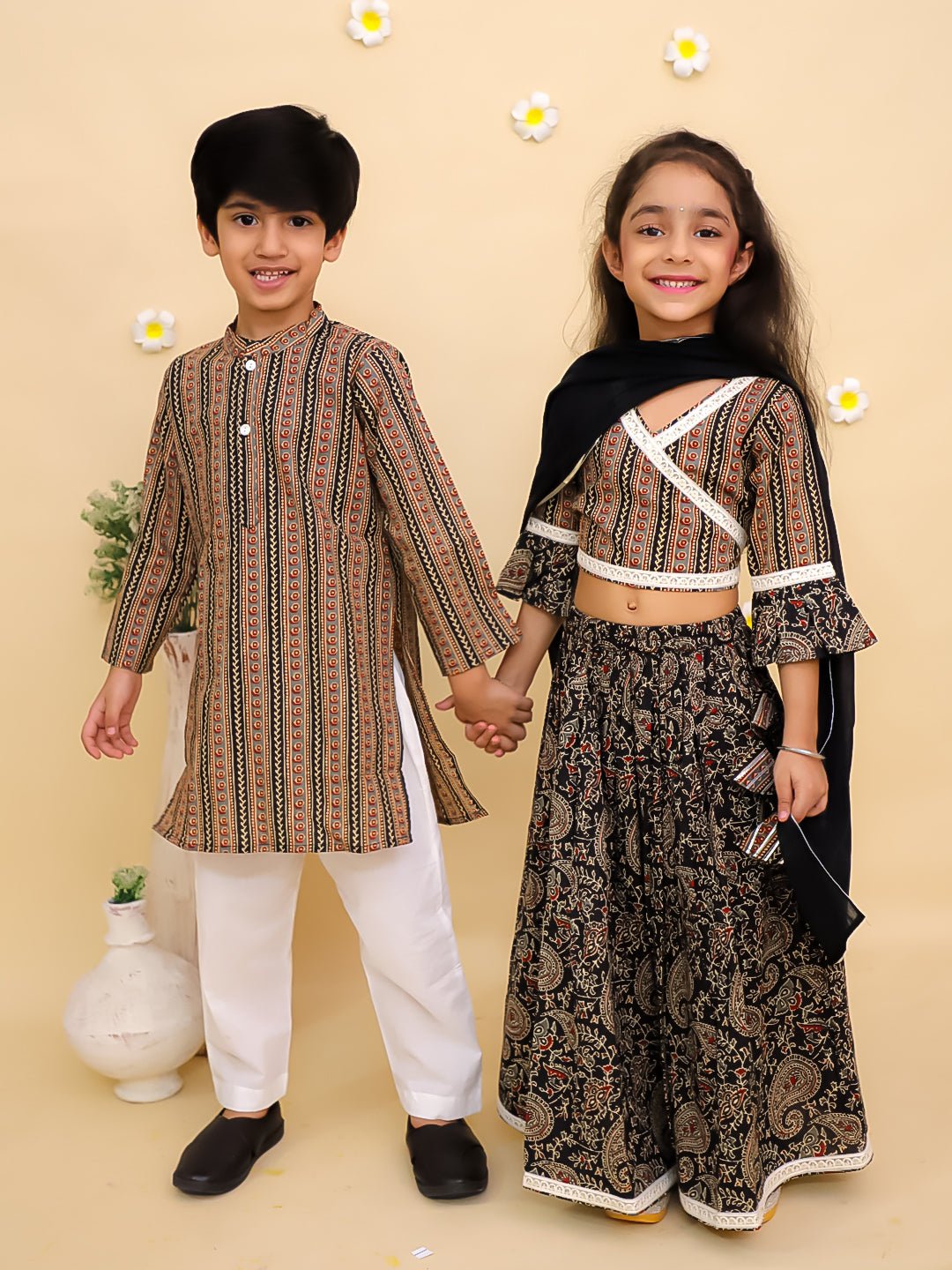 Black Kalamkari Girls Lehenga And Boys Kurta Twinning Combo Of 2