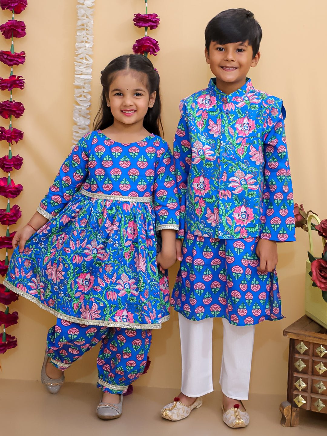 Blue Royal Floral Girls And Boys Ethnic Twinning Combo Of 2