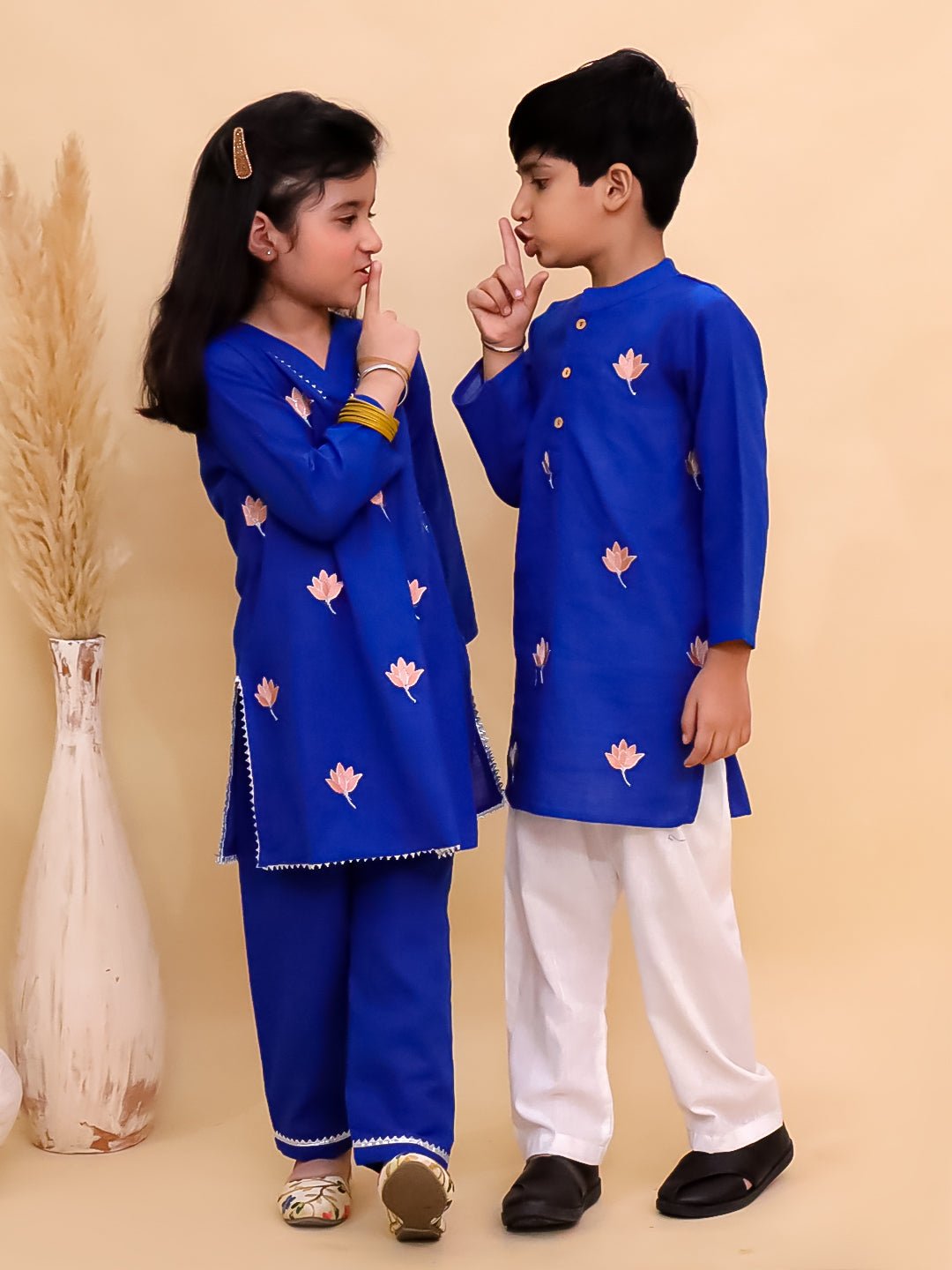 Kamal Vatika Printed Cotton Girls And Boys Kurta Pajama Twinning Set
