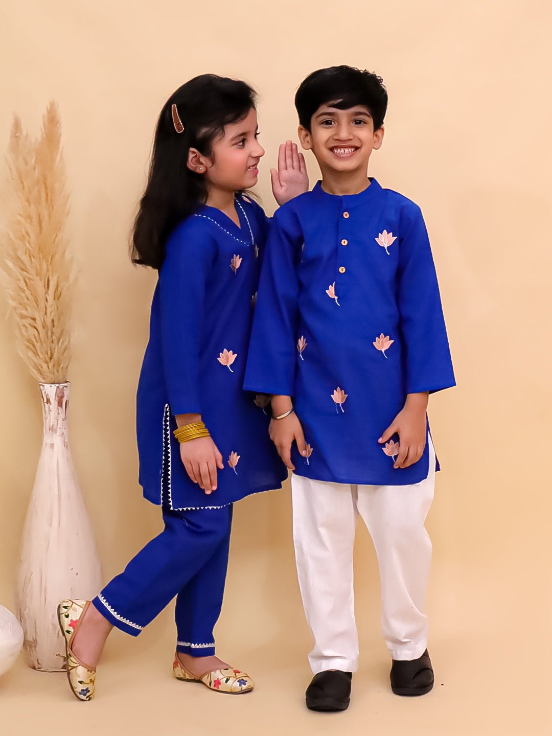 Kamal Vatika Printed Cotton Girls And Boys Kurta Pajama Twinning Set