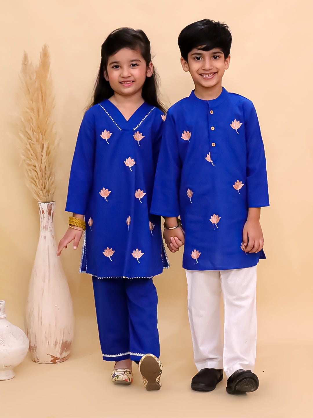 Kamal Vatika Printed Cotton Girls And Boys Kurta Pajama Twinning Set