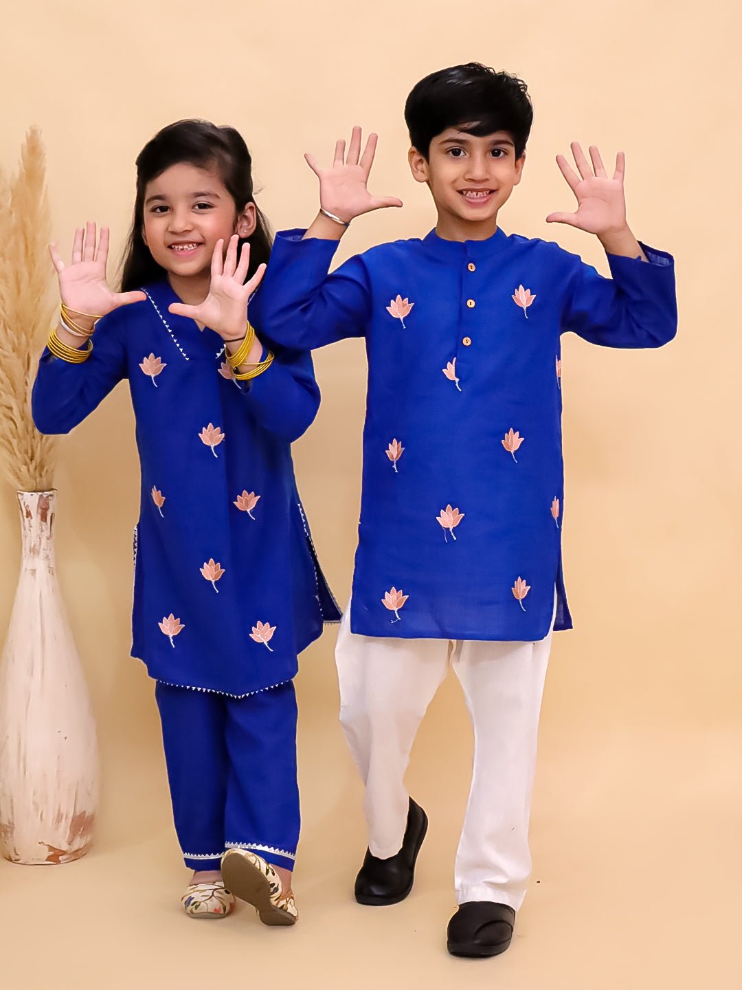 Kamal Vatika Printed Cotton Girls And Boys Kurta Pajama Twinning Set