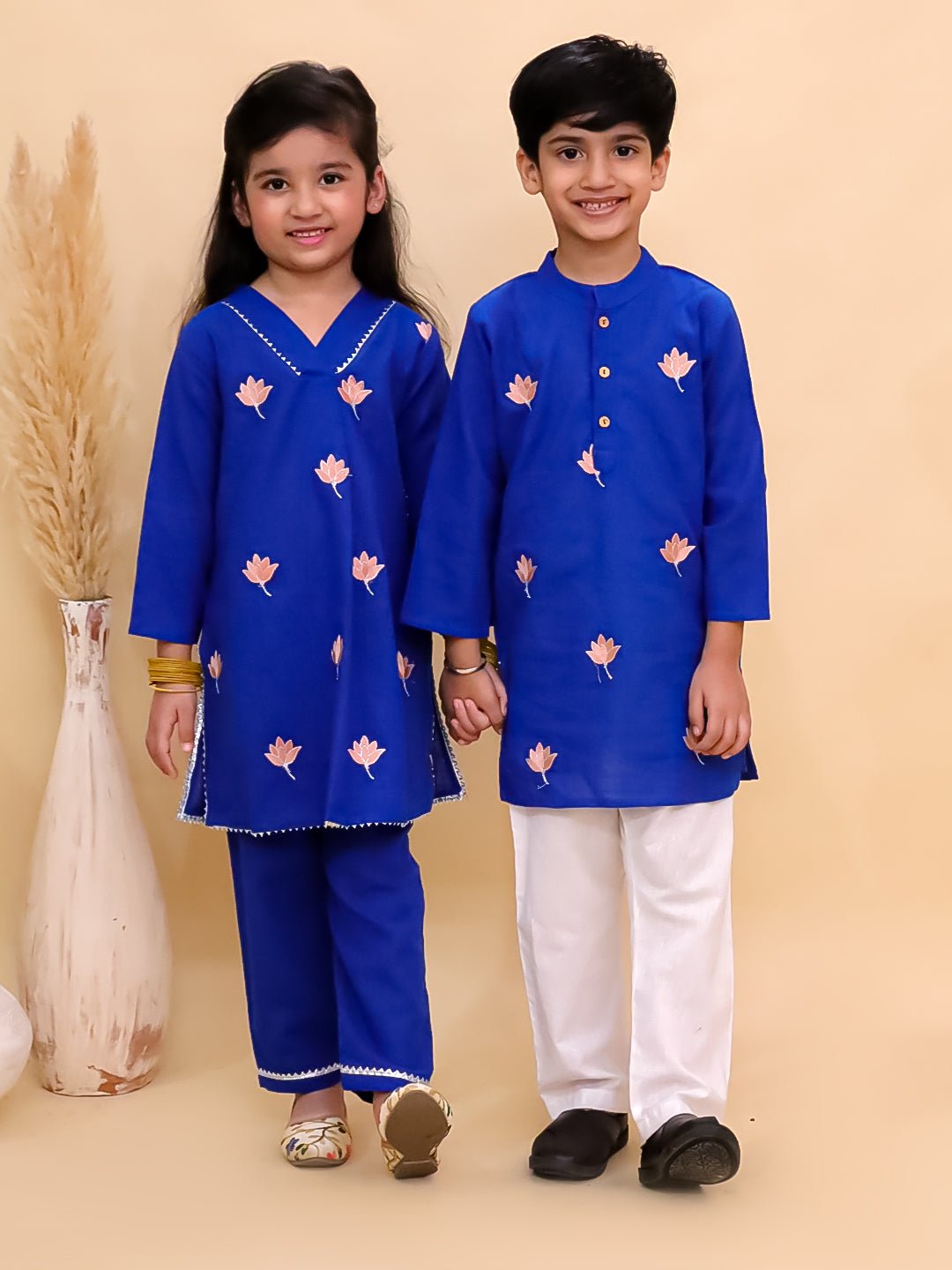 Kamal Vatika Printed Cotton Girls And Boys Kurta Pajama Twinning Set