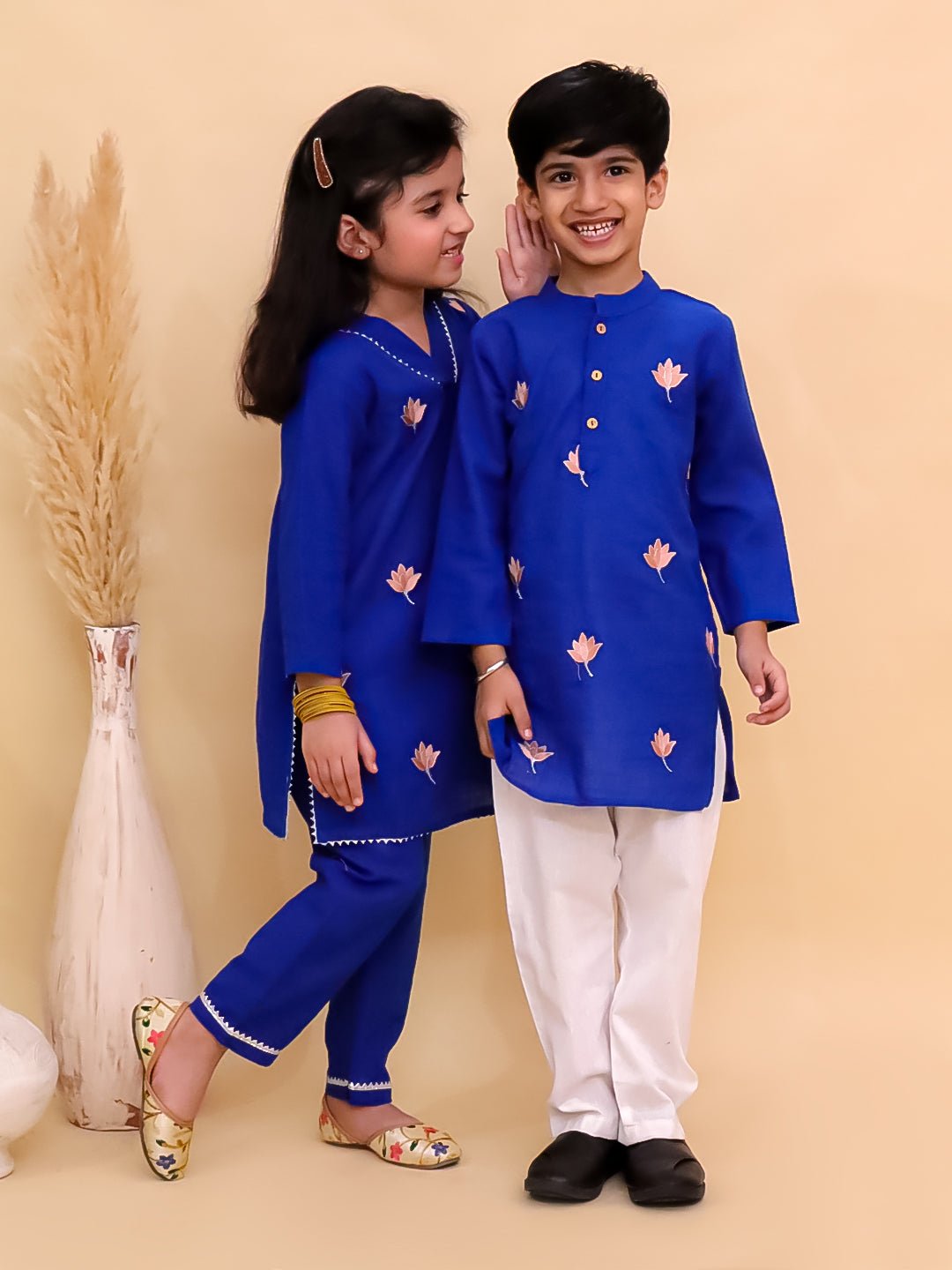 Kamal Vatika Printed Cotton Girls And Boys Kurta Pajama Twinning Set