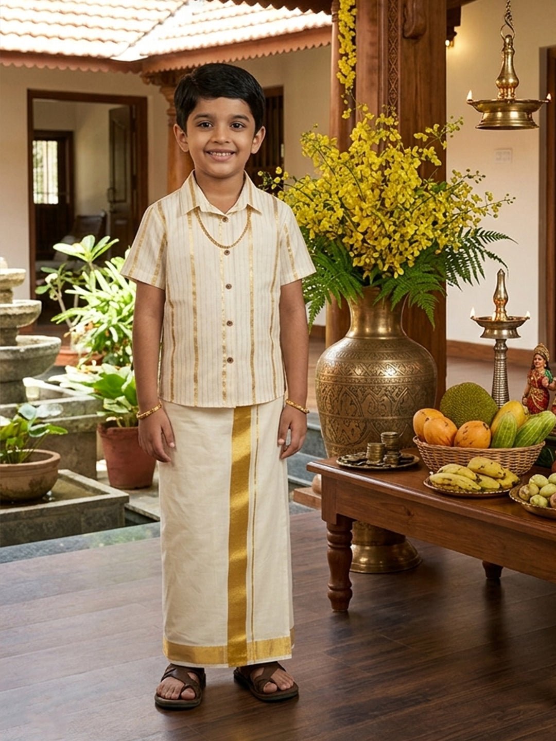 Kasavu Classic White Cotton Ethnic Shirt Dhoti And Skirt Twinning Combo Of 2