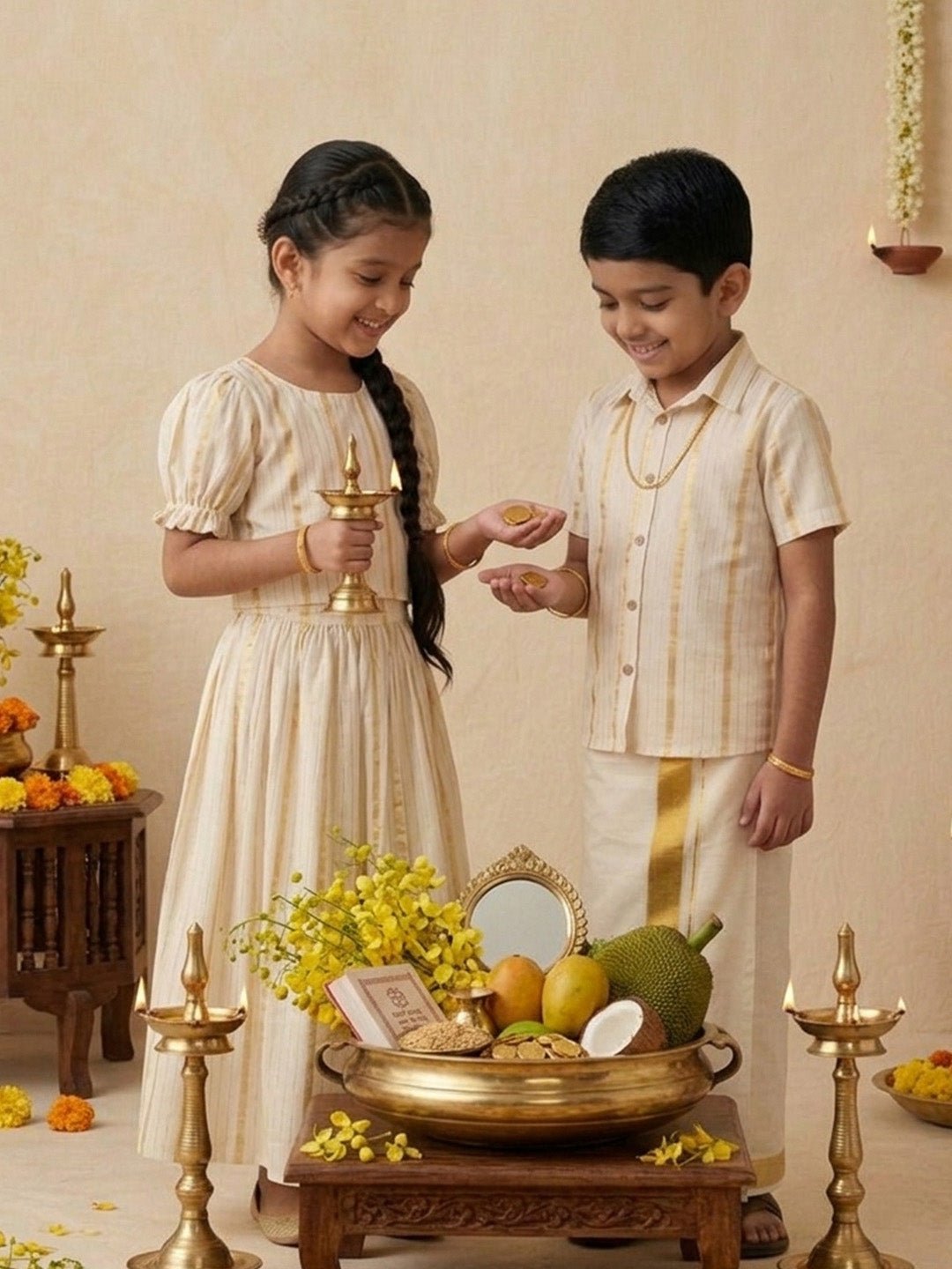 Kasavu Classic White Cotton Ethnic Shirt Dhoti And Skirt Twinning Combo Of 2