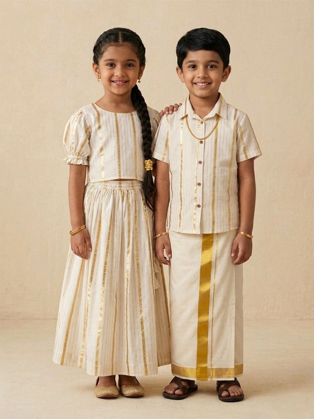 Kasavu Classic White Cotton Ethnic Shirt Dhoti And Skirt Twinning Combo Of 2
