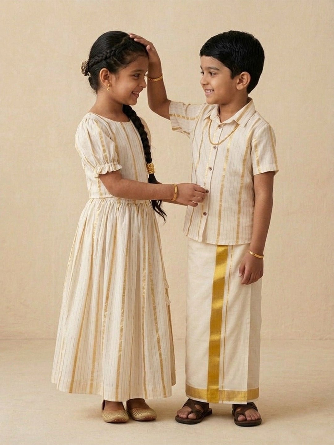 Kasavu Classic White Cotton Ethnic Shirt Dhoti And Skirt Twinning Combo Of 2