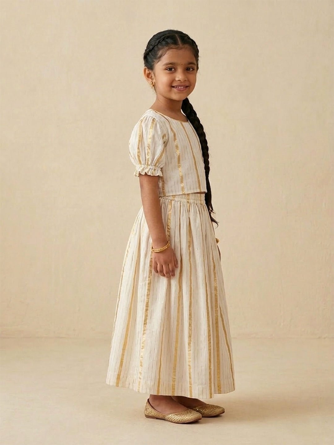 Kasavu Classic White Cotton Ethnic Shirt Dhoti And Skirt Twinning Combo Of 2