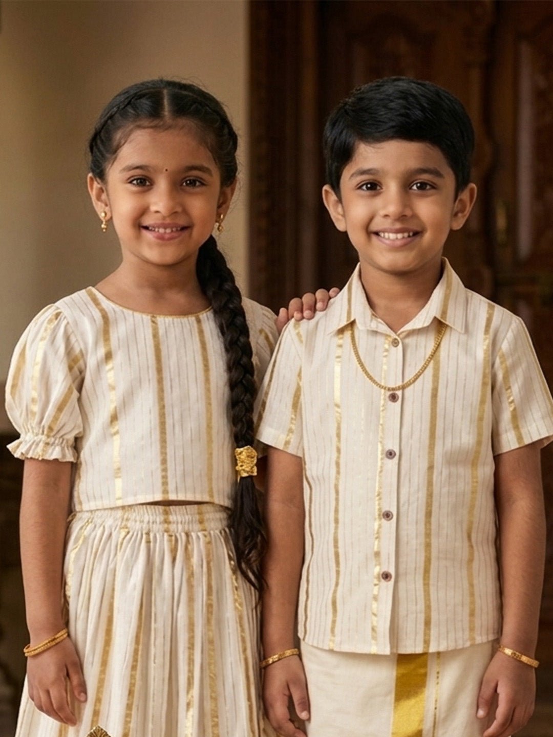 Kasavu Classic White Cotton Ethnic Shirt Dhoti And Skirt Twinning Combo Of 2