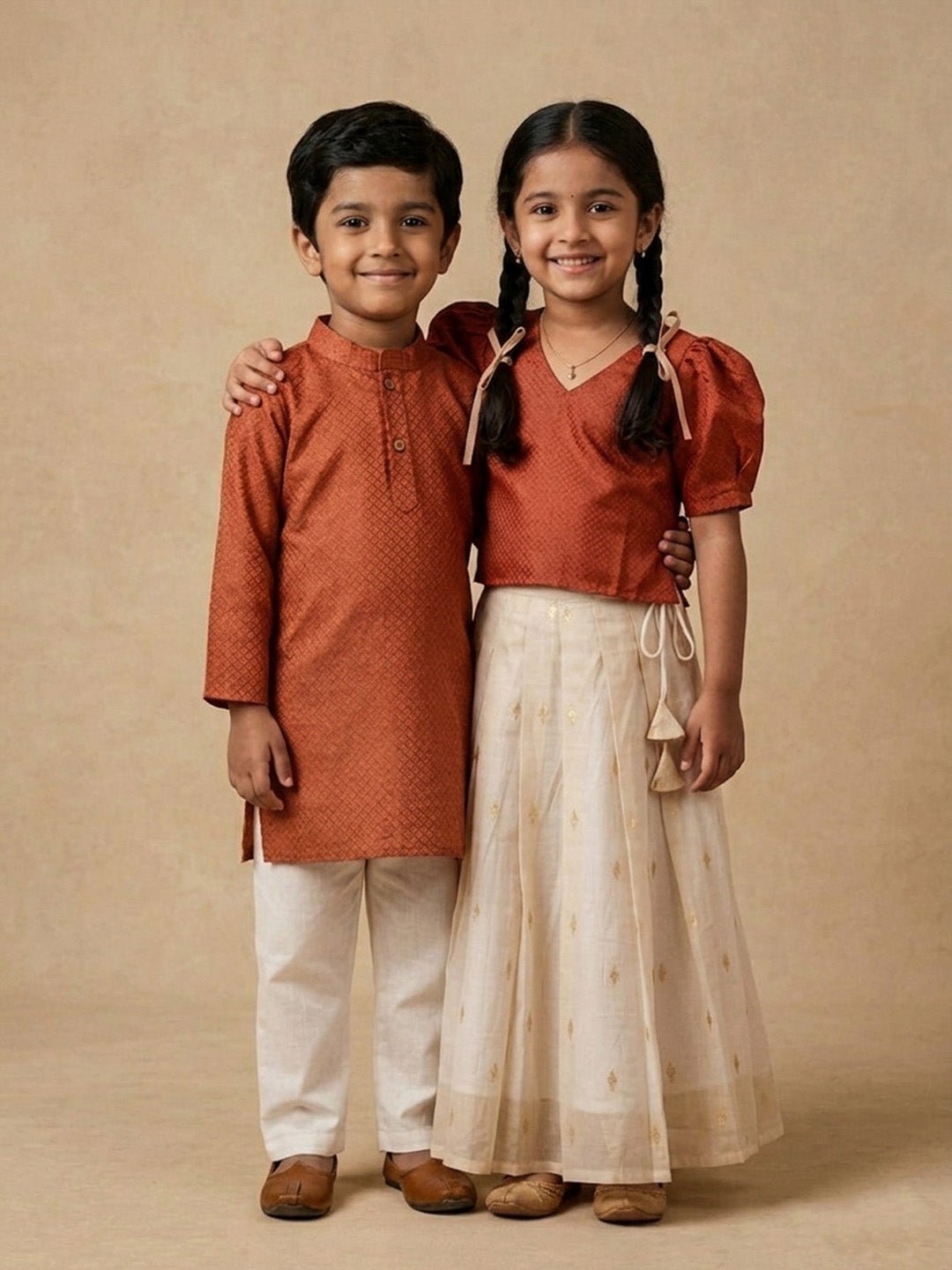 Kasavu Surya White Cotton Ethnic Kurta Pajama And Skirt Twinning Combo Of 2