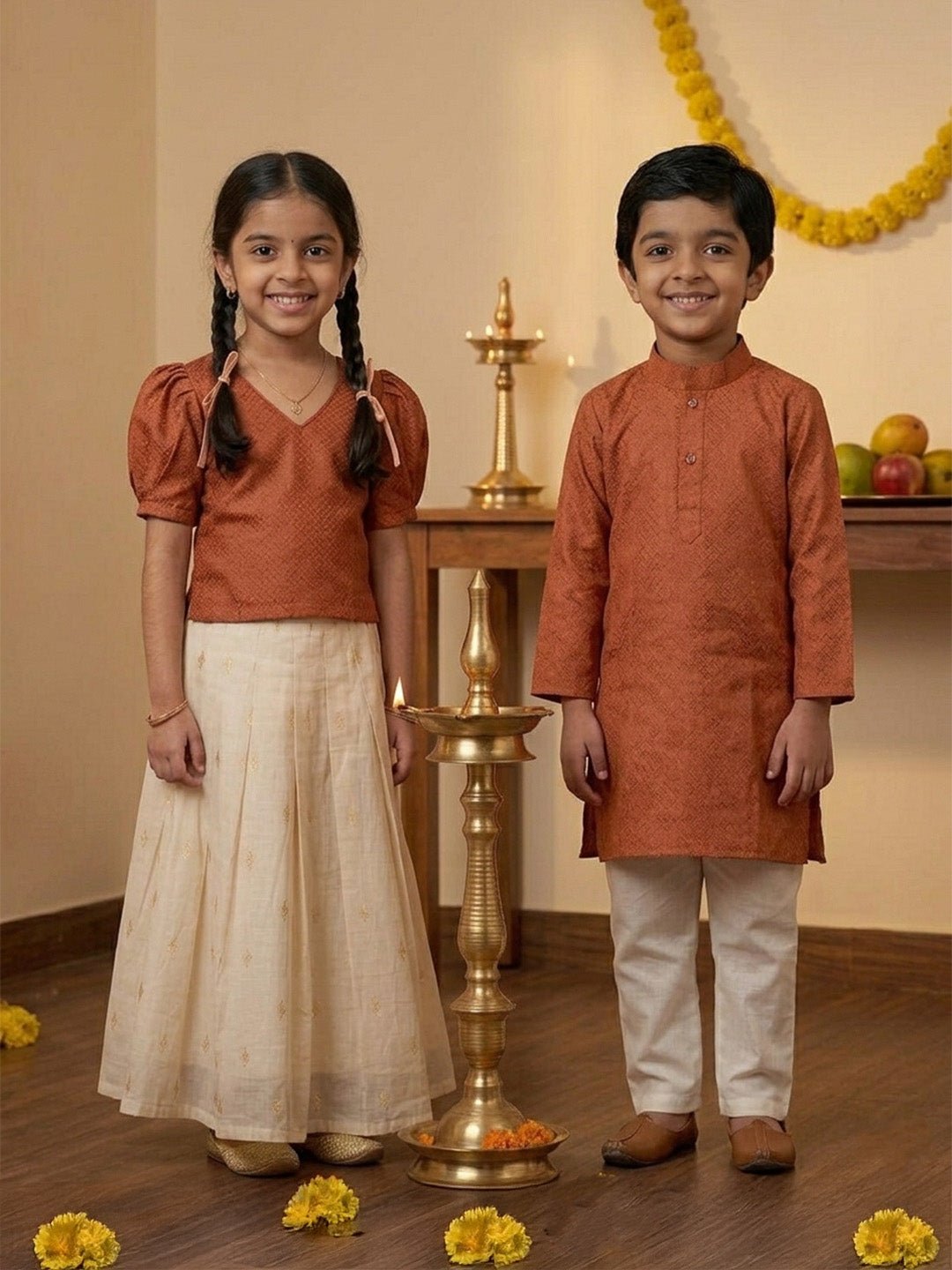Kasavu Surya White Cotton Ethnic Kurta Pajama And Skirt Twinning Combo Of 2