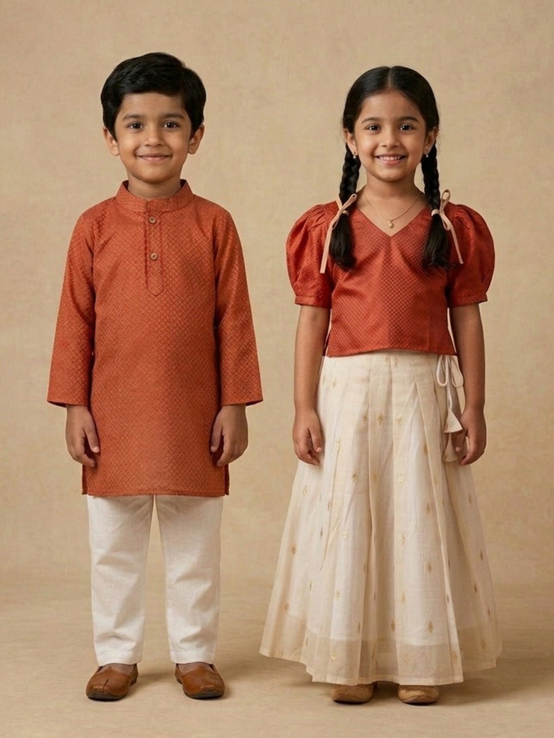 Kasavu Surya White Cotton Ethnic Kurta Pajama And Skirt Twinning Combo Of 2
