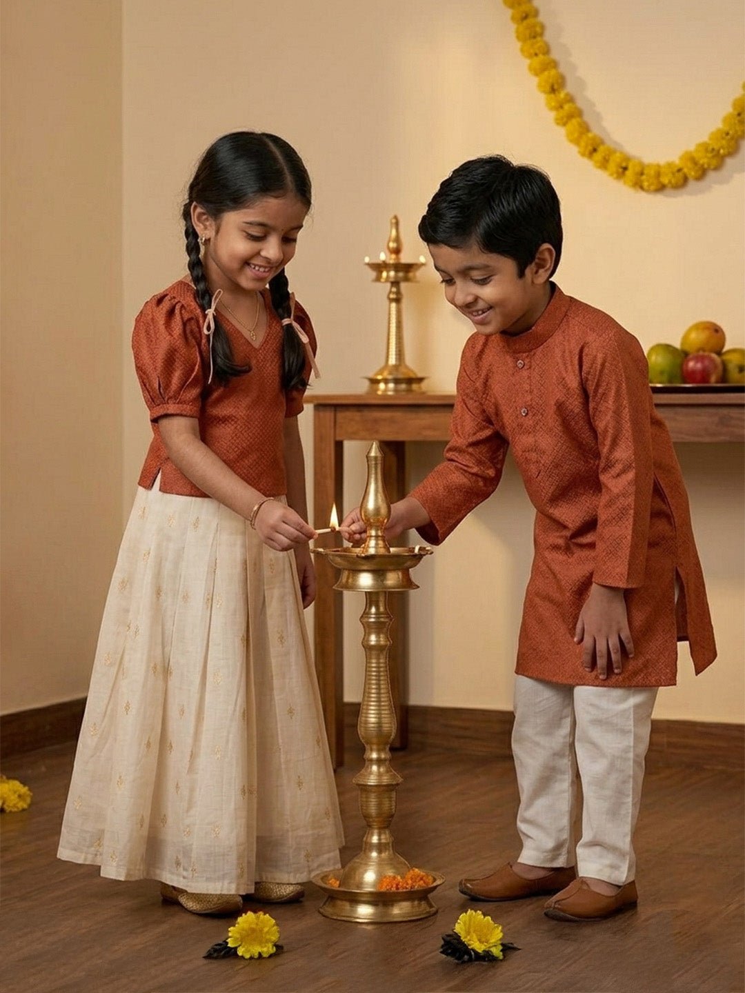 Kasavu Surya White Cotton Ethnic Kurta Pajama And Skirt Twinning Combo Of 2