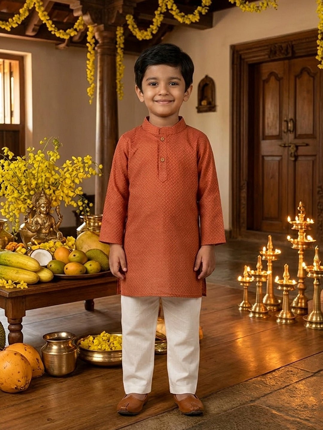 Kasavu Surya White Cotton Ethnic Kurta Pajama And Skirt Twinning Combo Of 2