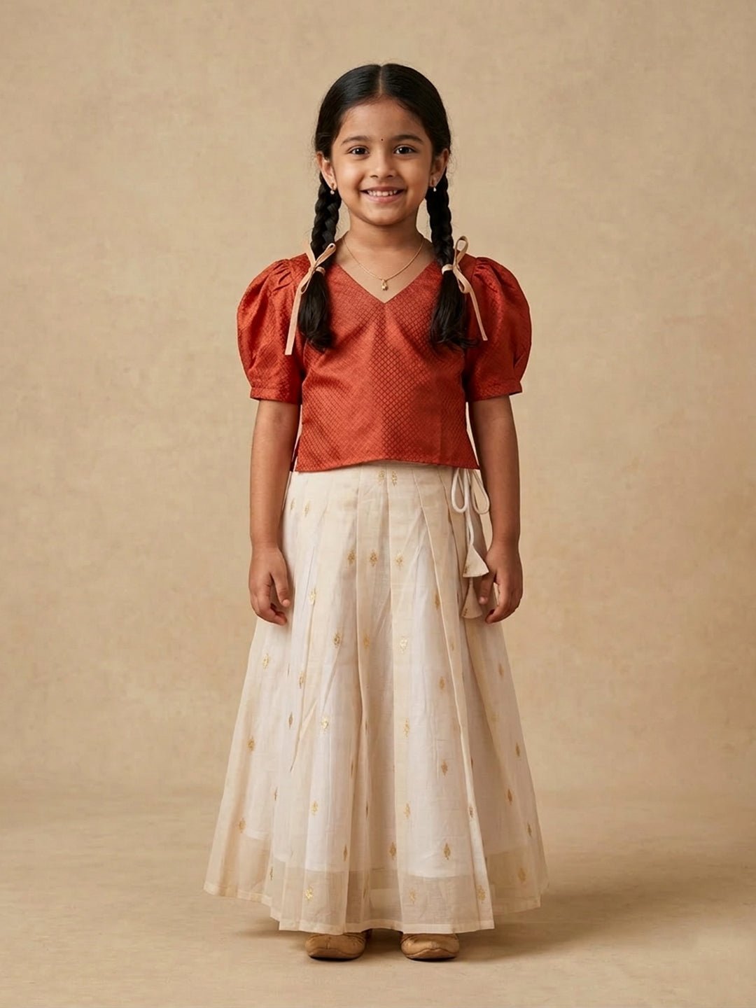 Kasavu Surya White Cotton Ethnic Kurta Pajama And Skirt Twinning Combo Of 2
