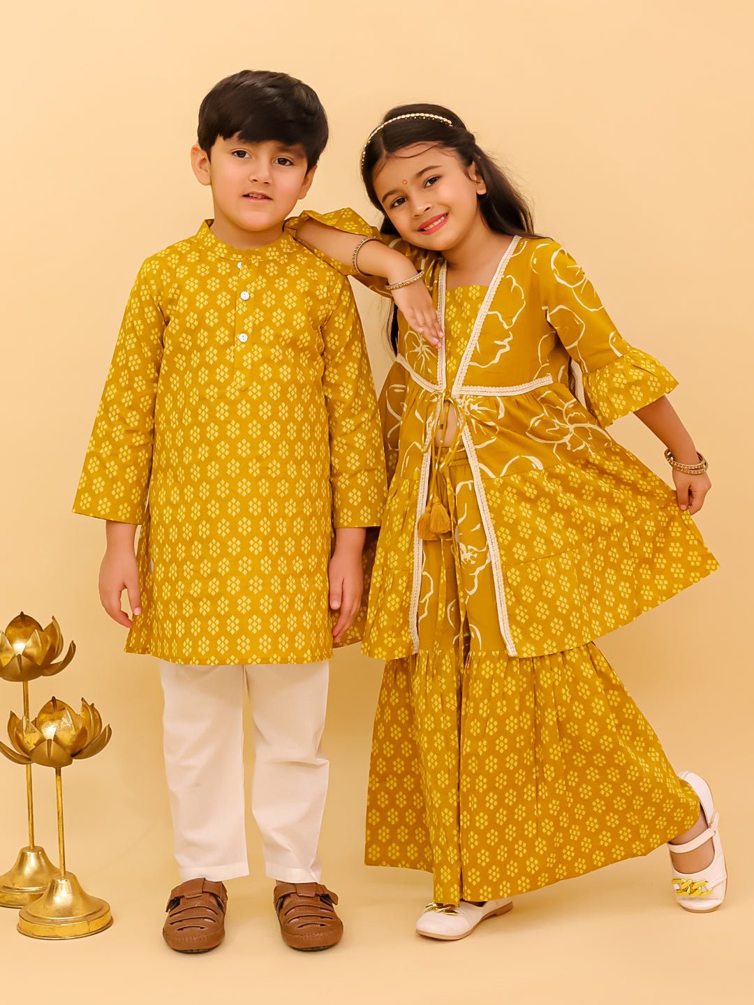Mango Sorbet Orange Cotton Ethnic Kurta Pajama And Anarkali Twinning Combo Of 2