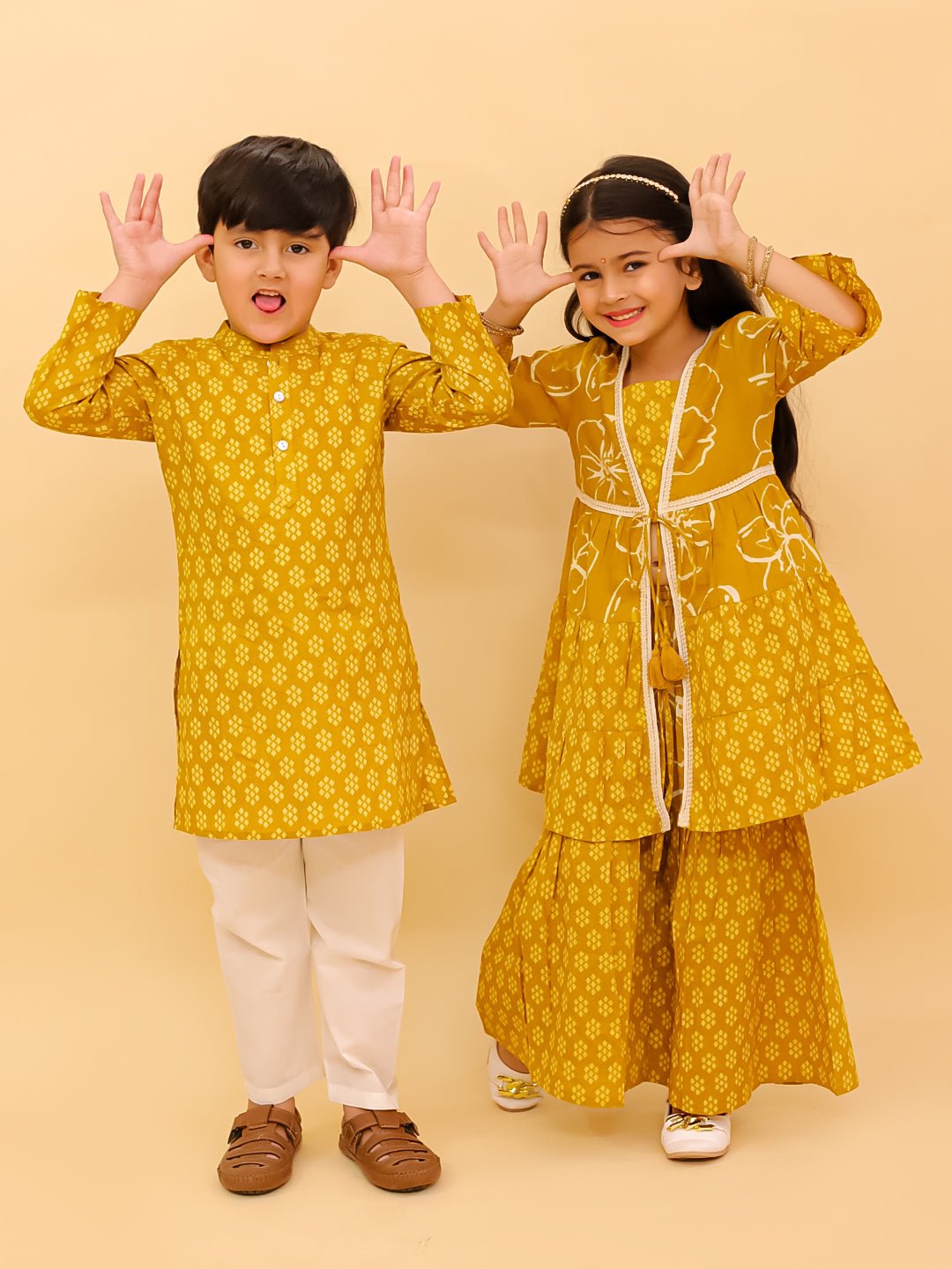 Mango Sorbet Orange Cotton Ethnic Kurta Pajama And Anarkali Twinning Combo Of 2