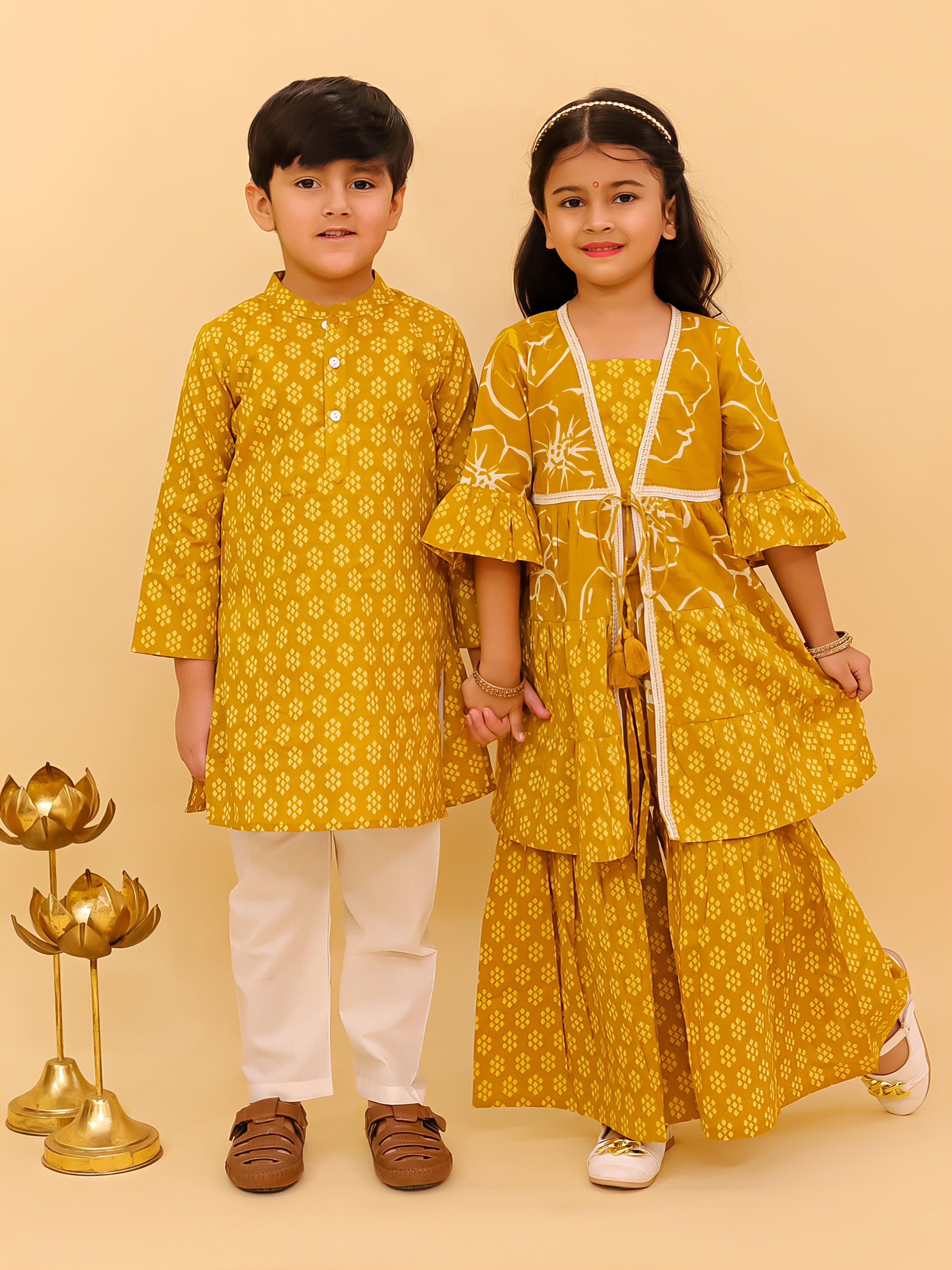 Mango Sorbet Orange Cotton Ethnic Kurta Pajama And Anarkali Twinning Combo Of 2