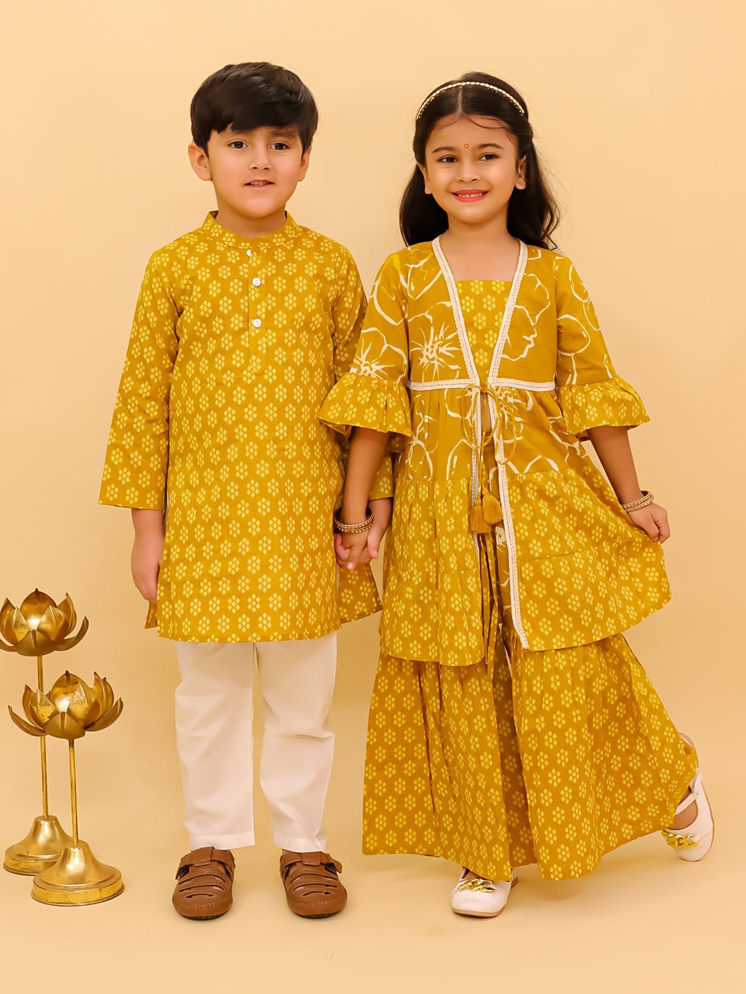 Mango Sorbet Orange Cotton Ethnic Kurta Pajama And Anarkali Twinning Combo Of 2