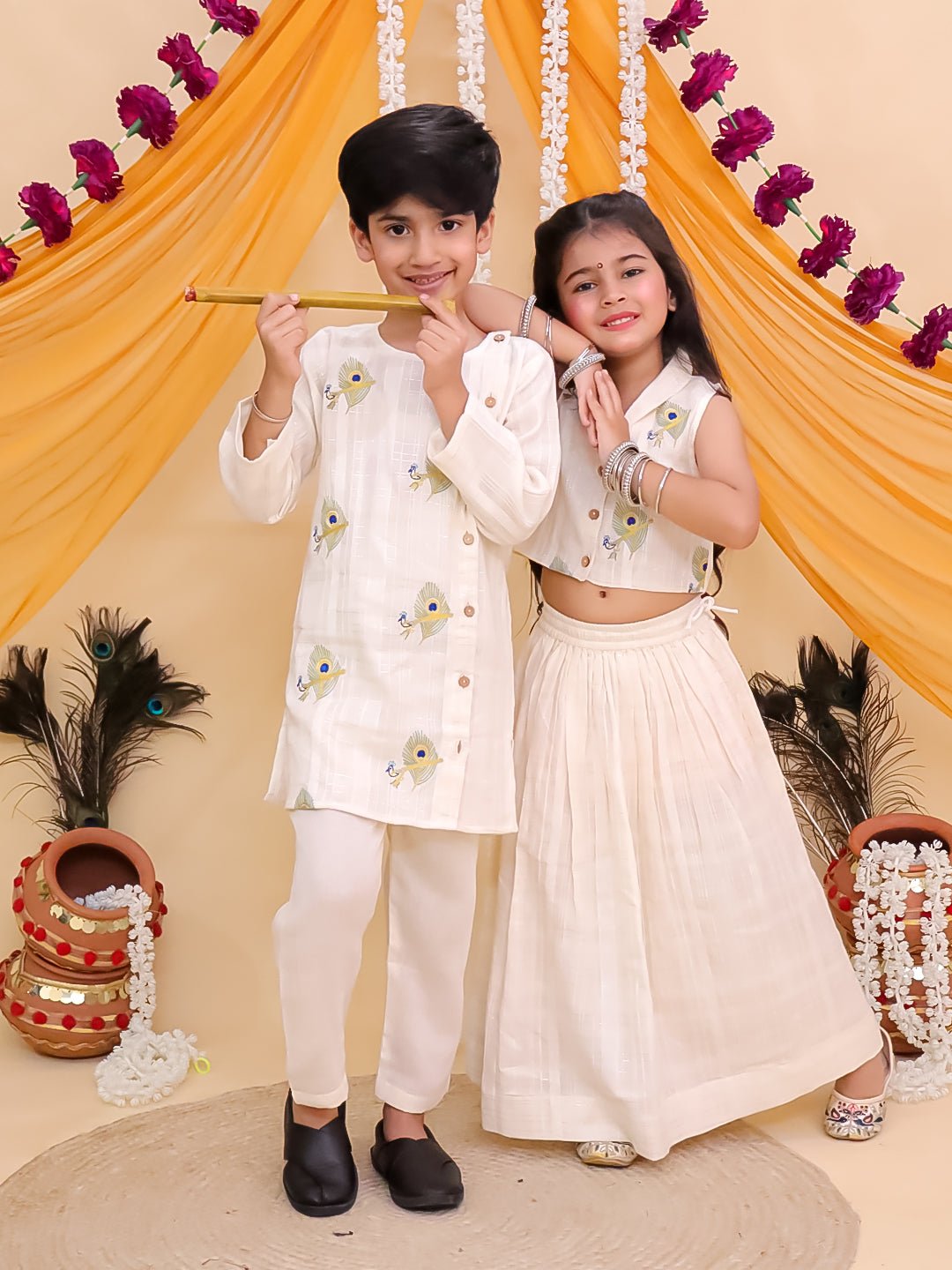Mayur Dhaga White Cotton Ethnic Kurta Pajama And Lehenga Twinning Combo Of 2