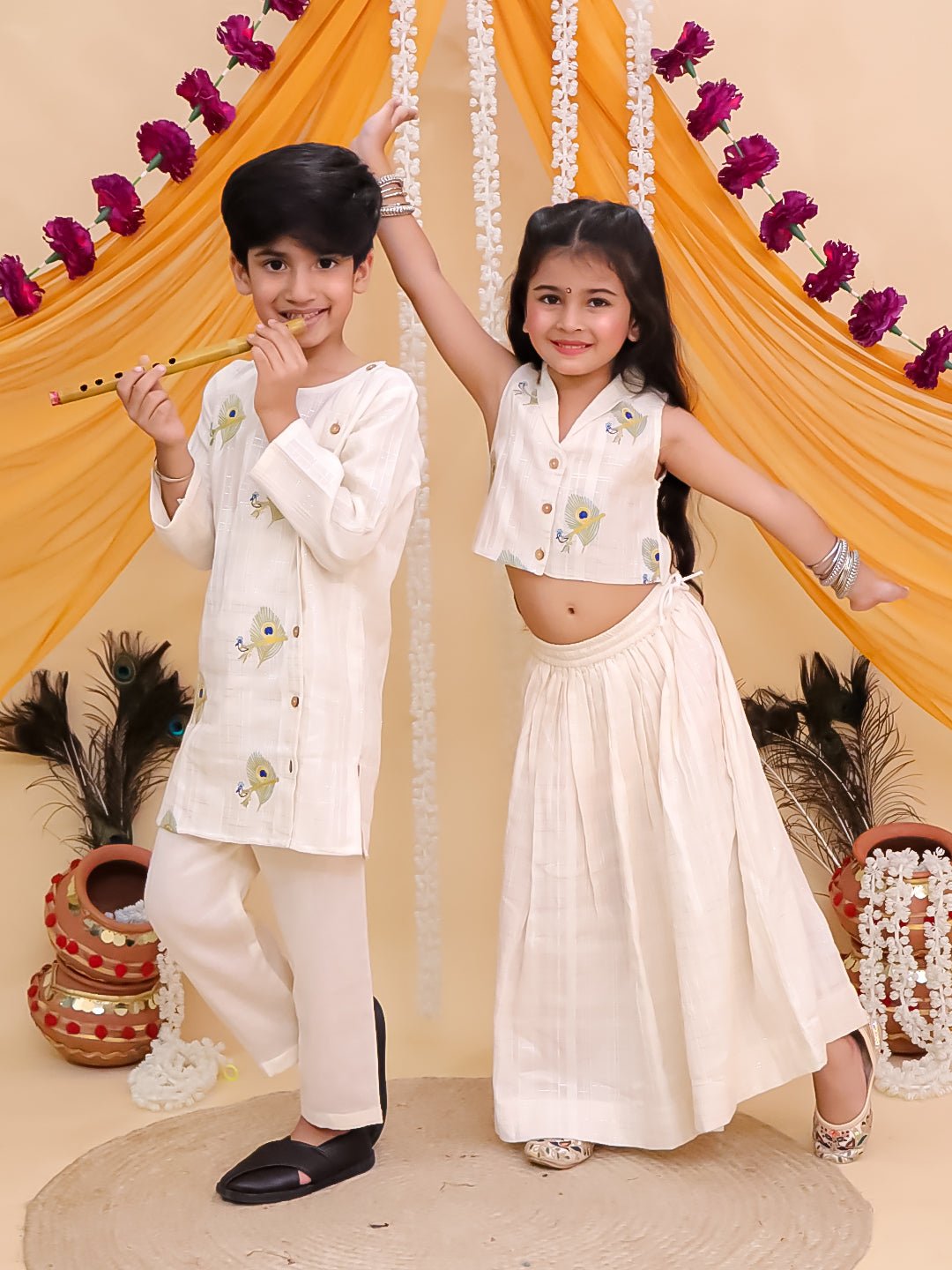Mayur Dhaga White Cotton Ethnic Kurta Pajama And Lehenga Twinning Combo Of 2