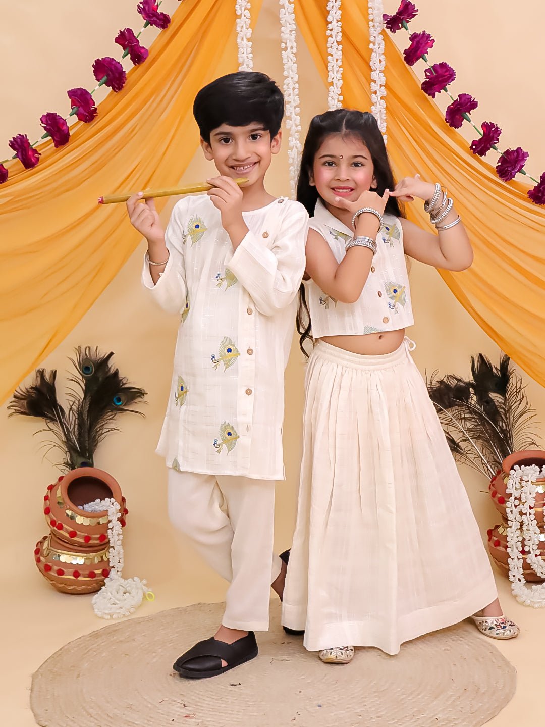 Mayur Dhaga White Cotton Ethnic Kurta Pajama And Lehenga Twinning Combo Of 2